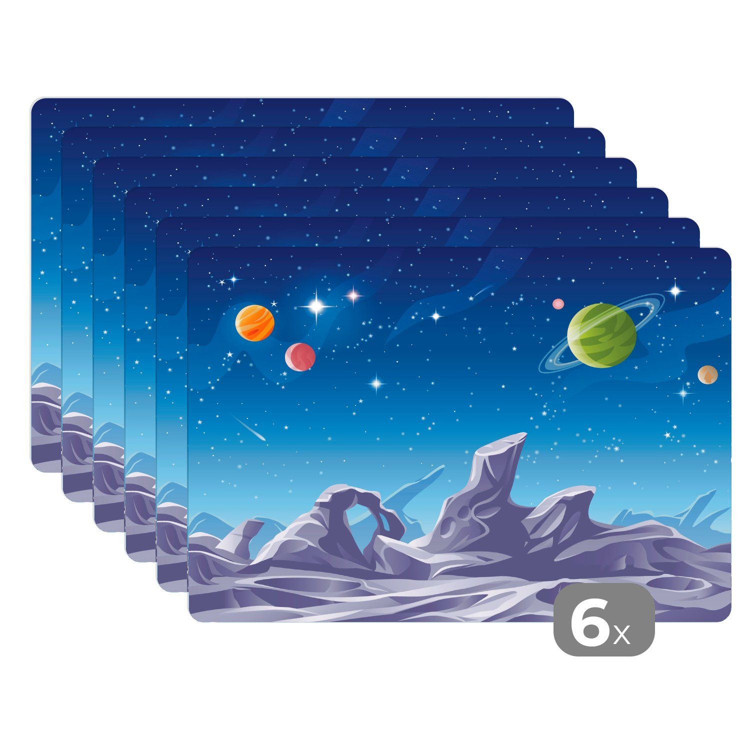 Platzset, Eine Illustration der Mondoberfläche mit sichtbaren Planeten, MuchoWow, (6-St), Platzset, Platzdecken, Platzmatte, Tischmatten, Schmutzabweisend