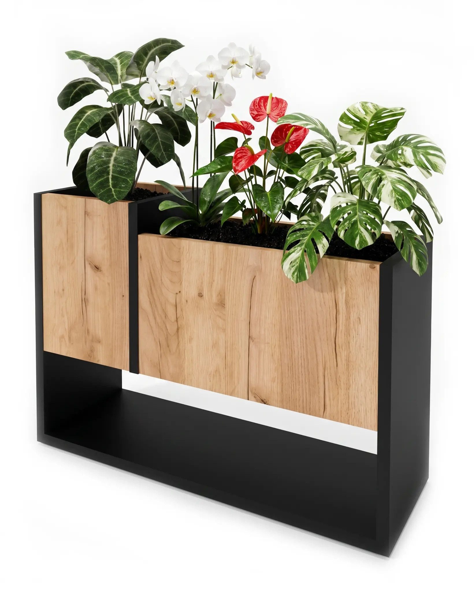 TREND WERK Blumenständer Blumentopf Pflanzenregal Pflanzenständer Holzoptik Wohnzimmer (Asymmetrisches Regal 3 Fächer Loft-Design 64,5x45x22,6 cm), 18mm Spanplatte kratzfest feuchtigkeitsresistent Laminat