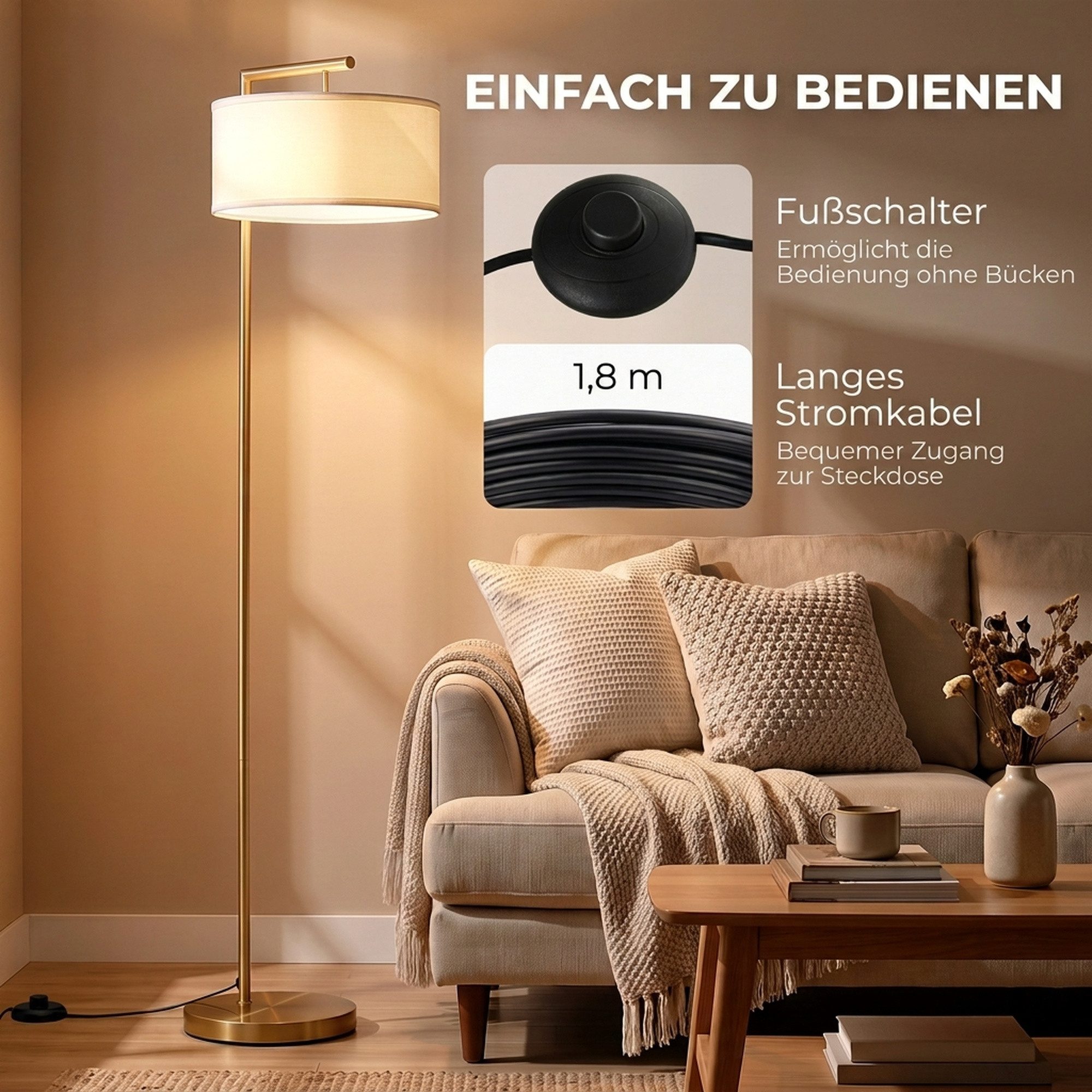 HOMCOM Stehlampe Stehleuchte Standlampe mit Lampenschirm aus Stoff mit E27 Fassung, Ein-,Ausschalter, ohne Leuchtmittel, Metall Stahl Leinen Gold+Weiß 47 x 37 x – Bild 5 von 5