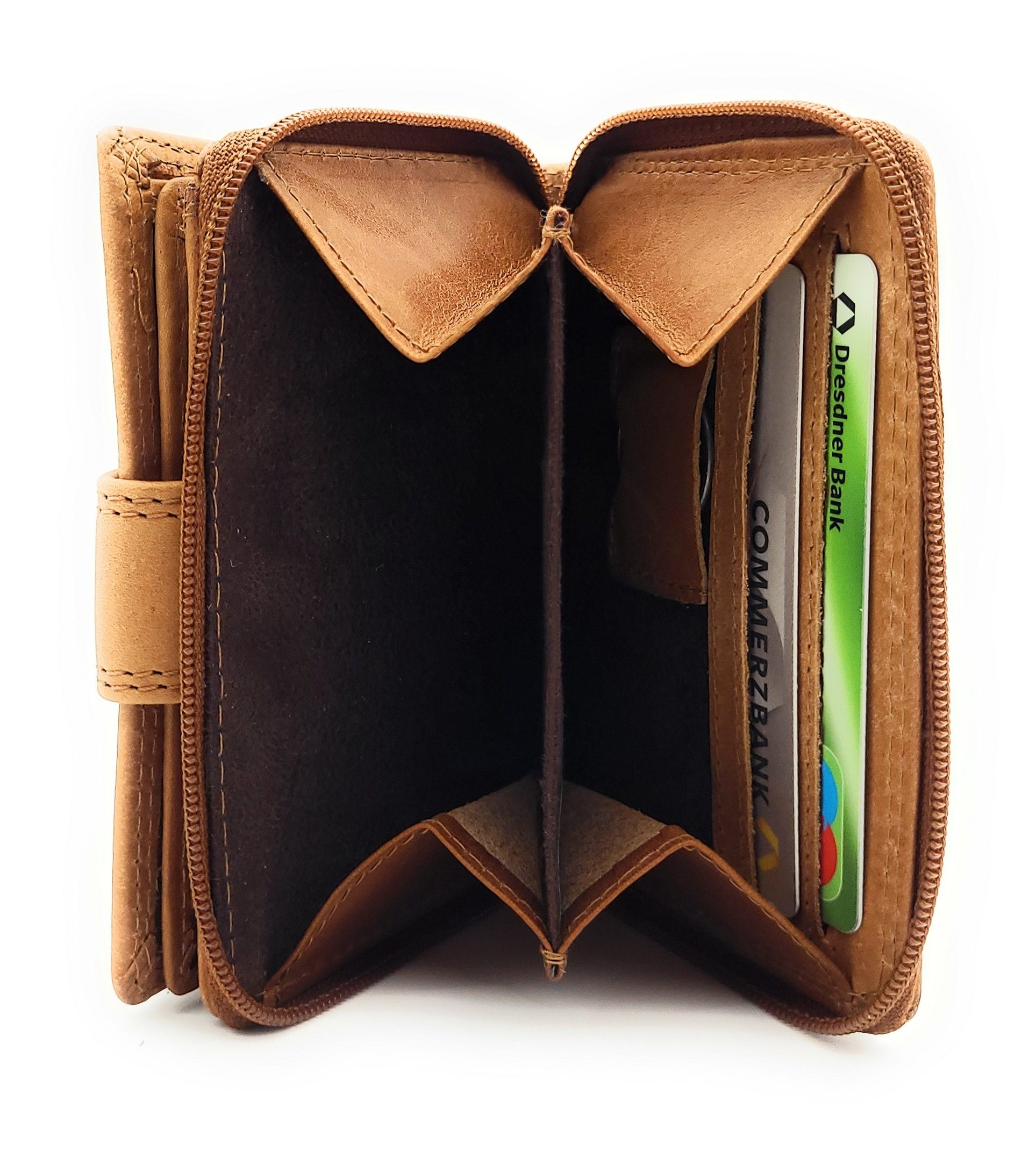 JOCKEY CLUB Mini Geldbörse kleines echt Leder Damen Portemonnaie mit RFID Schutz, wunderschöner Schmetterling, Sauvage Rindleder, cognac braun