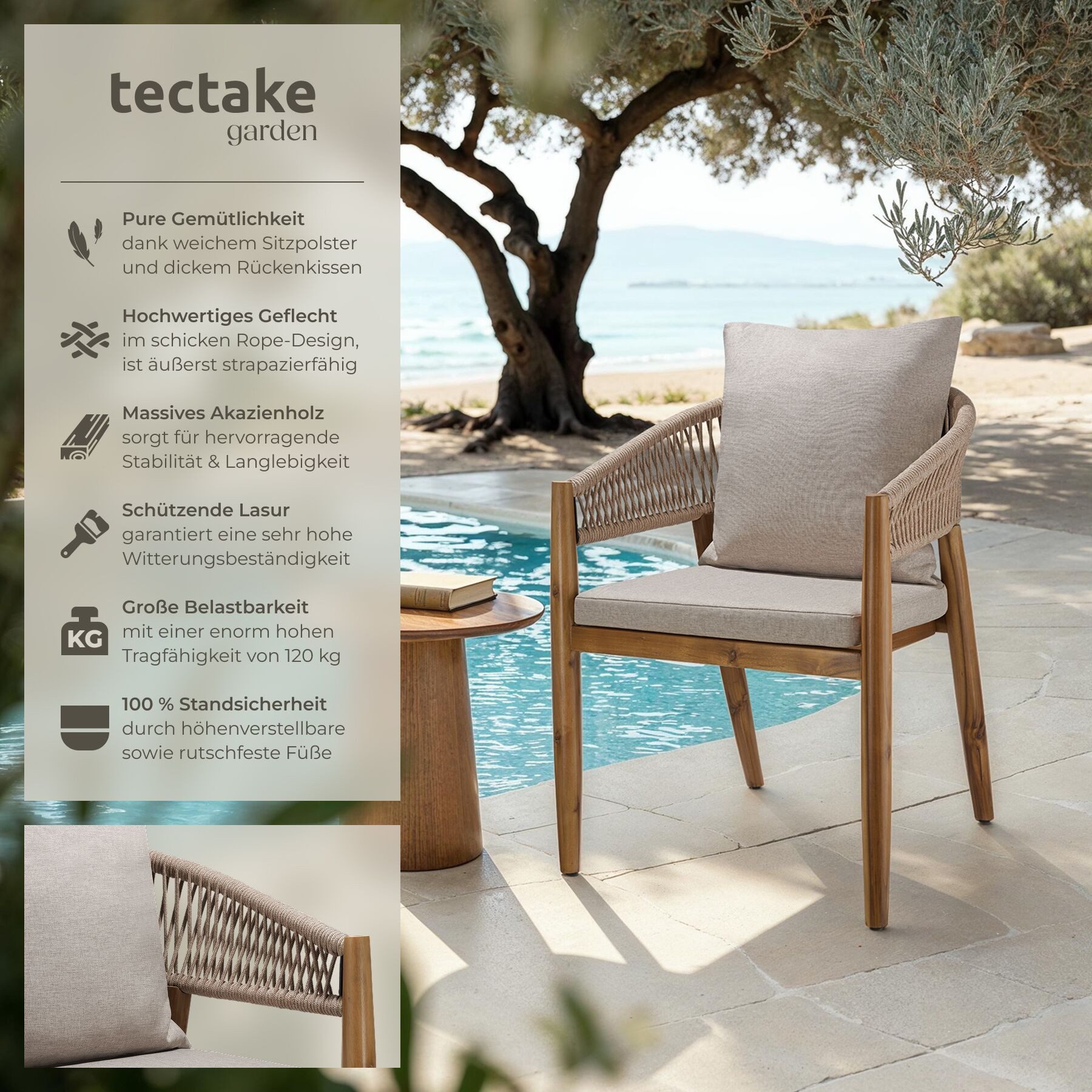 tectake Gartenstuhl Outdoor-Sessel Akazienholz, wetterfest, Rope-Design, verstellbare (Outdoostuhl Manacor, 4 St), Wasserabweisende Bezüge, abnehmbar, Inkl. Sit – Bild 2 von 5
