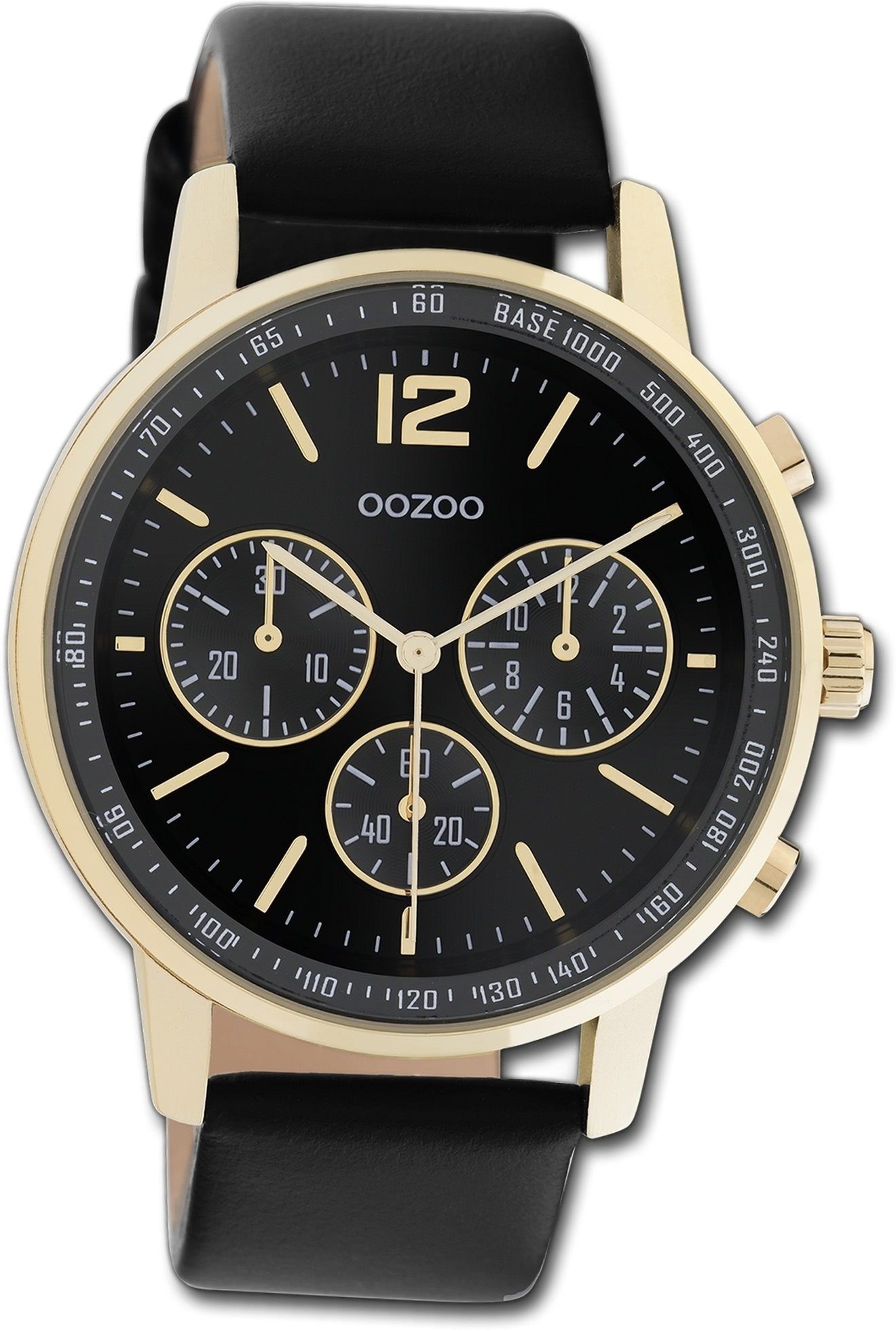 Damenuhr OOZOO Timepieces rundes Gehäuse, gold, Quarzuhr Damen (ca. Lederarmband schwarz, groß 42mm) Oozoo Armbanduhr