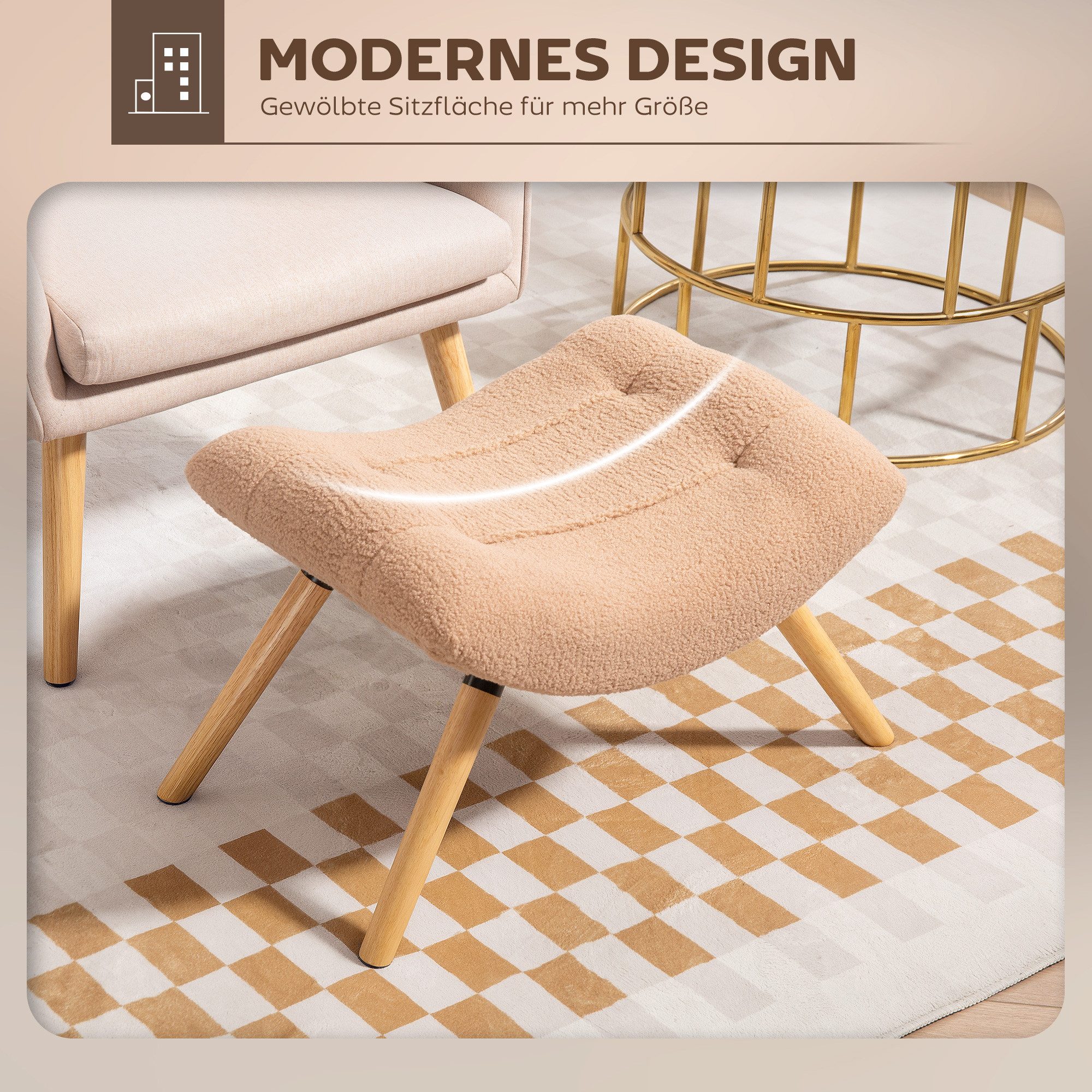HOMCOM Fußhocker Hocker mit weichem Sitzkissen mit Berberfleece-Stoff Ottoman (Sitzhocker, 1 St., Polsterhocker), für Wohnzimmer, Schlafzimmer, 67 x 45 x 38 cm, – Bild 4 von 5