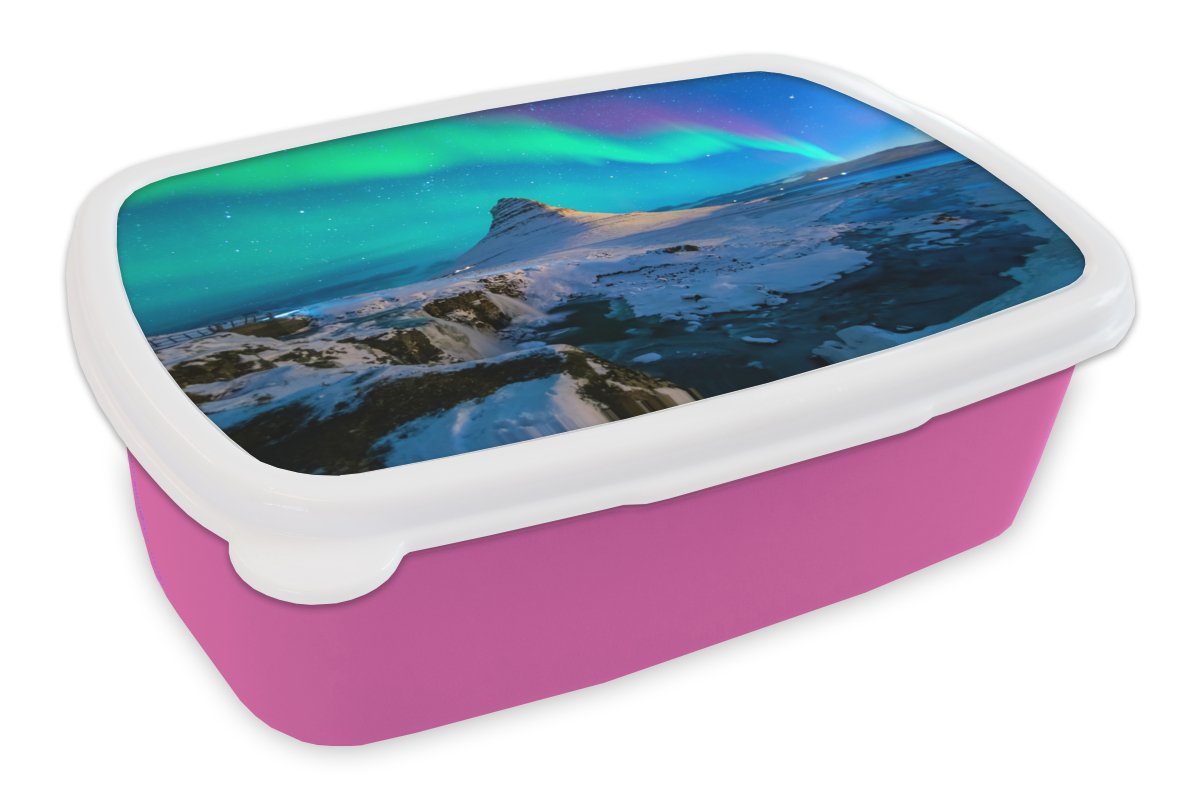 Berge rosa Lunchbox - MuchoWow Erwachsene, Kunststoff, (2-tlg), Island, Snackbox, Kinder, Brotbox Brotdose Mädchen, - Kunststoff für Nordlichter