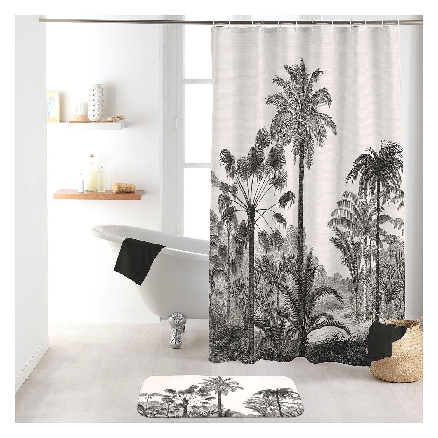 Sanixa Duschvorhang waschbar Badewannenvorhang Vorhang hochwertige Qualität mit Metallösen Breite 180 cm, Duschvorhang Textil 180x200 cm grau Palmen Strand wasserabweisend