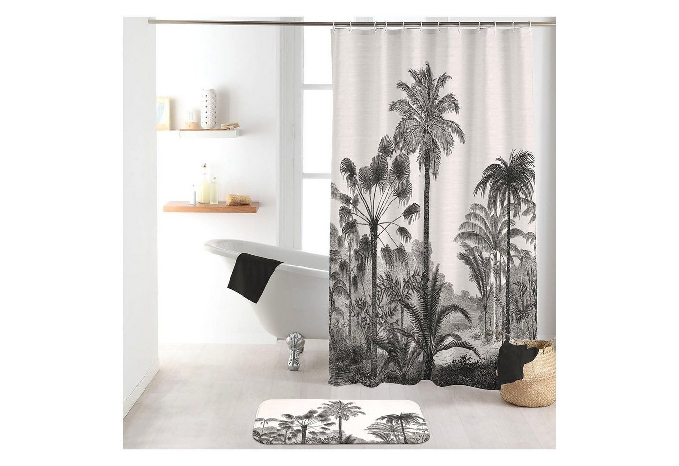 Sanixa Duschvorhang waschbar Badewannenvorhang Vorhang hochwertige Qualität mit Metallösen Breite 180 cm, Duschvorhang Textil 180x200 cm grau Palmen Strand wasserabweisend