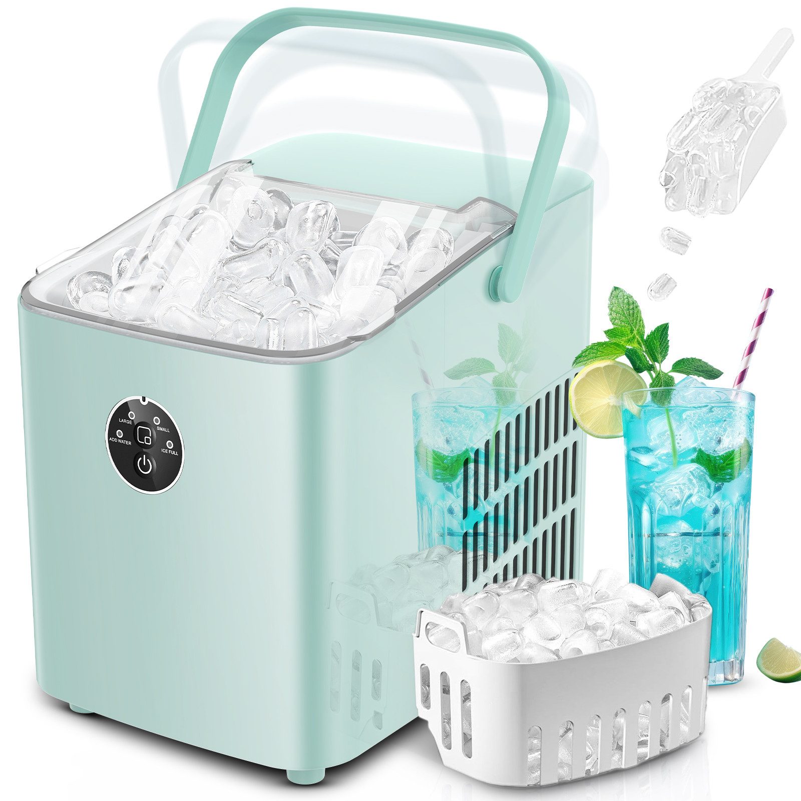 FOHERE Eiswürfelmaschine Klein, 14kg/24h, 6 Min. Eis, 2 Bullet Ice Größen, selbstreinigend, Party/Büro, grün