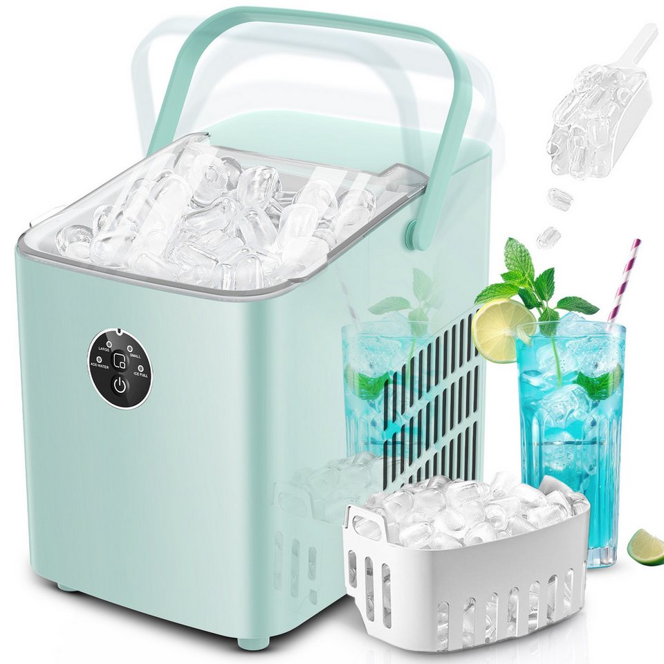 FOHERE Eiswürfelmaschine Klein, 14kg/24h, 6 Min. Eis, 2 Bullet Ice Größen, selbstreinigend, Party/Büro, grün