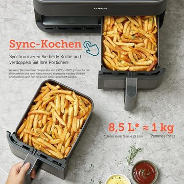 Cosori Heißluftfritteuse mit Doppelkammer, 8.5L Max, 1750,00 W, mit 2 Fächer, Doppelkammerh, Dual Cook & Sync Finish, 8 Programme