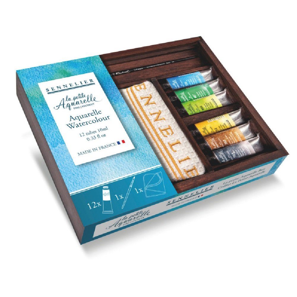 SENNELIER Aquarellfarbe La Petite Aquarelle Feine Aquarellfarbe, 12 Tuben á 10ml, Holzbox mit Zubehör