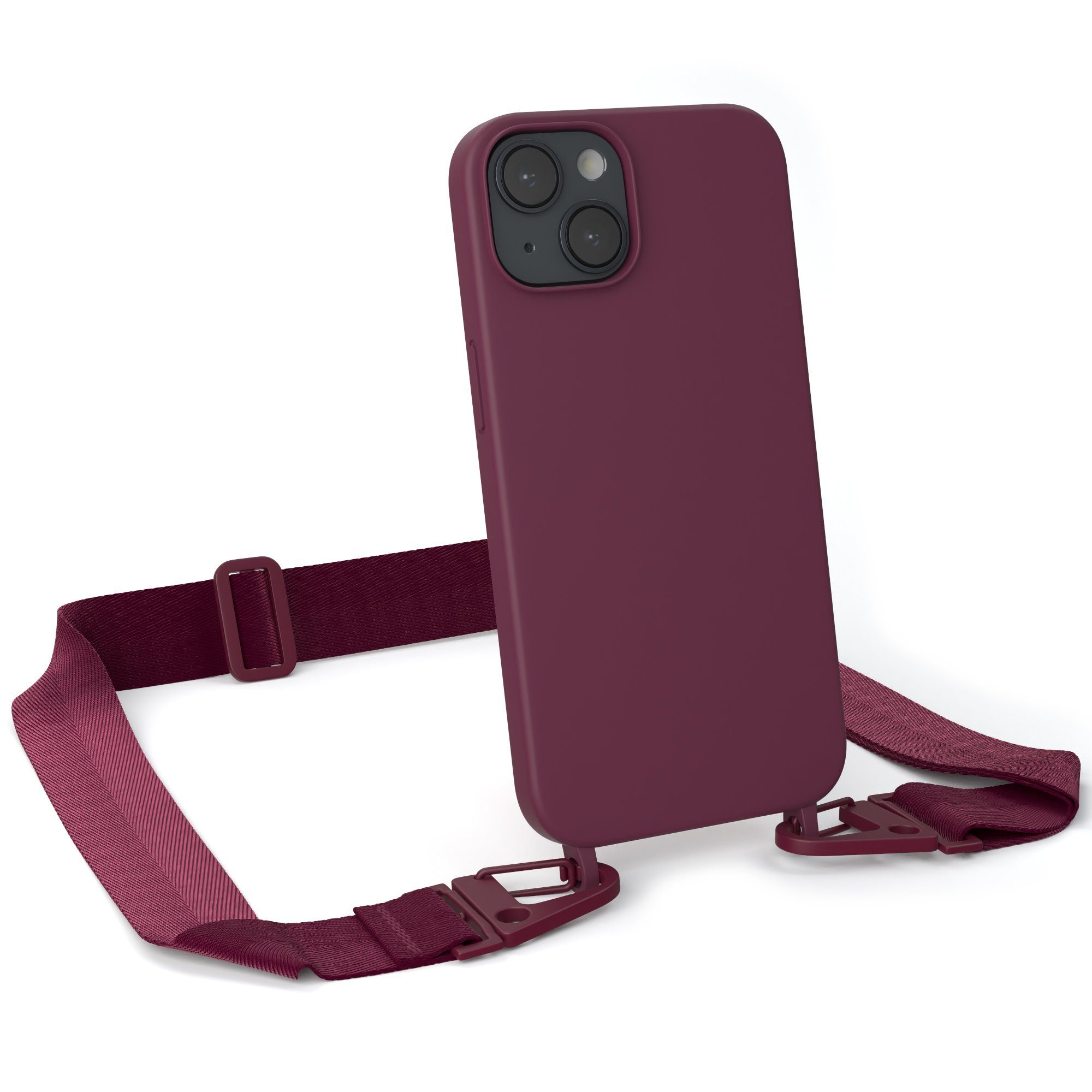 EAZY CASE Handykette Karabiner Breitband für Apple iPhone 14 6,1 Zoll, Smartphonekette Cover Silikonhülle Umhängetasche in Burgundy Rot Beere