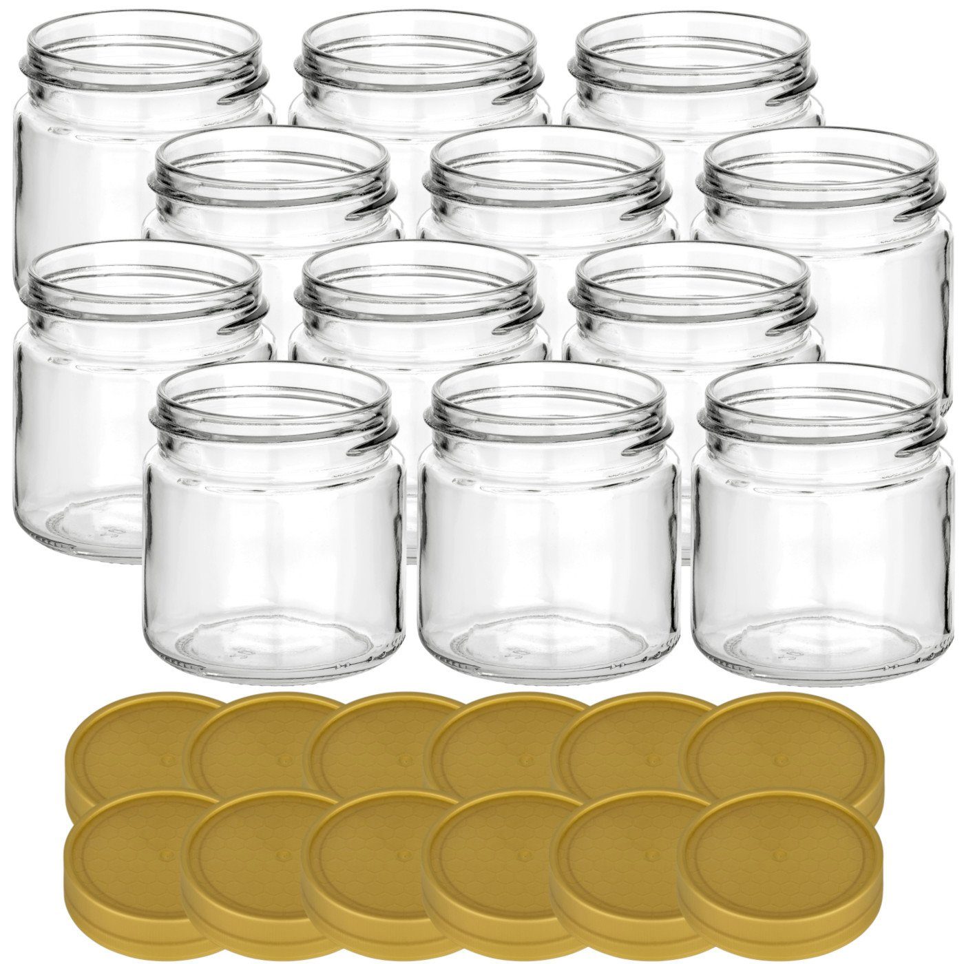 Kunststoff-Deckel Honigglas gouveo 250g goldfarben - (12-tlg) Leere Marmeladengläser, mit