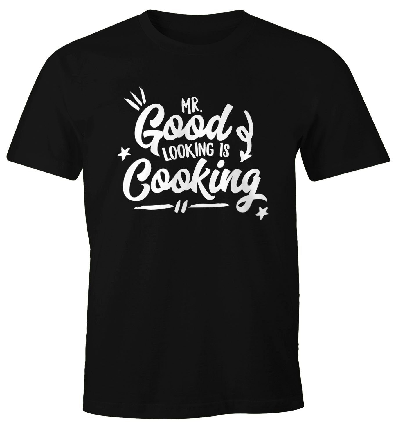 MoonWorks Print-Shirt Herren T-Shirt Mr good looking is cooking Fun-Shirt Spruch-Shirt Foodie Koch Grillen BBQ Küche Moonworks® mit Print