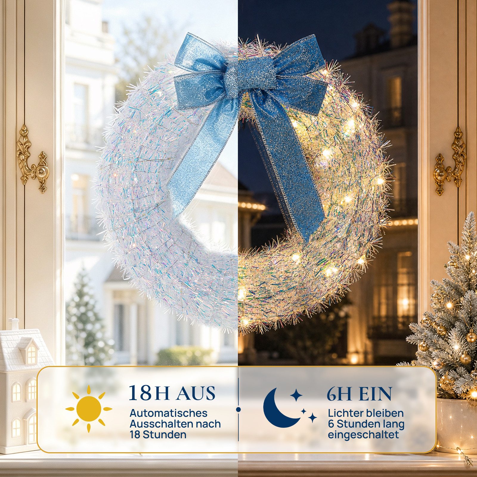 Kunstkranz weihnachtsdeko 30cm, Türkranz Weihnachten mit 40 LEDs, adventskranz, Quntis, adventskranz mit led & blaue Schleife, Weihnachtsdekoration – Bild 3 von 5