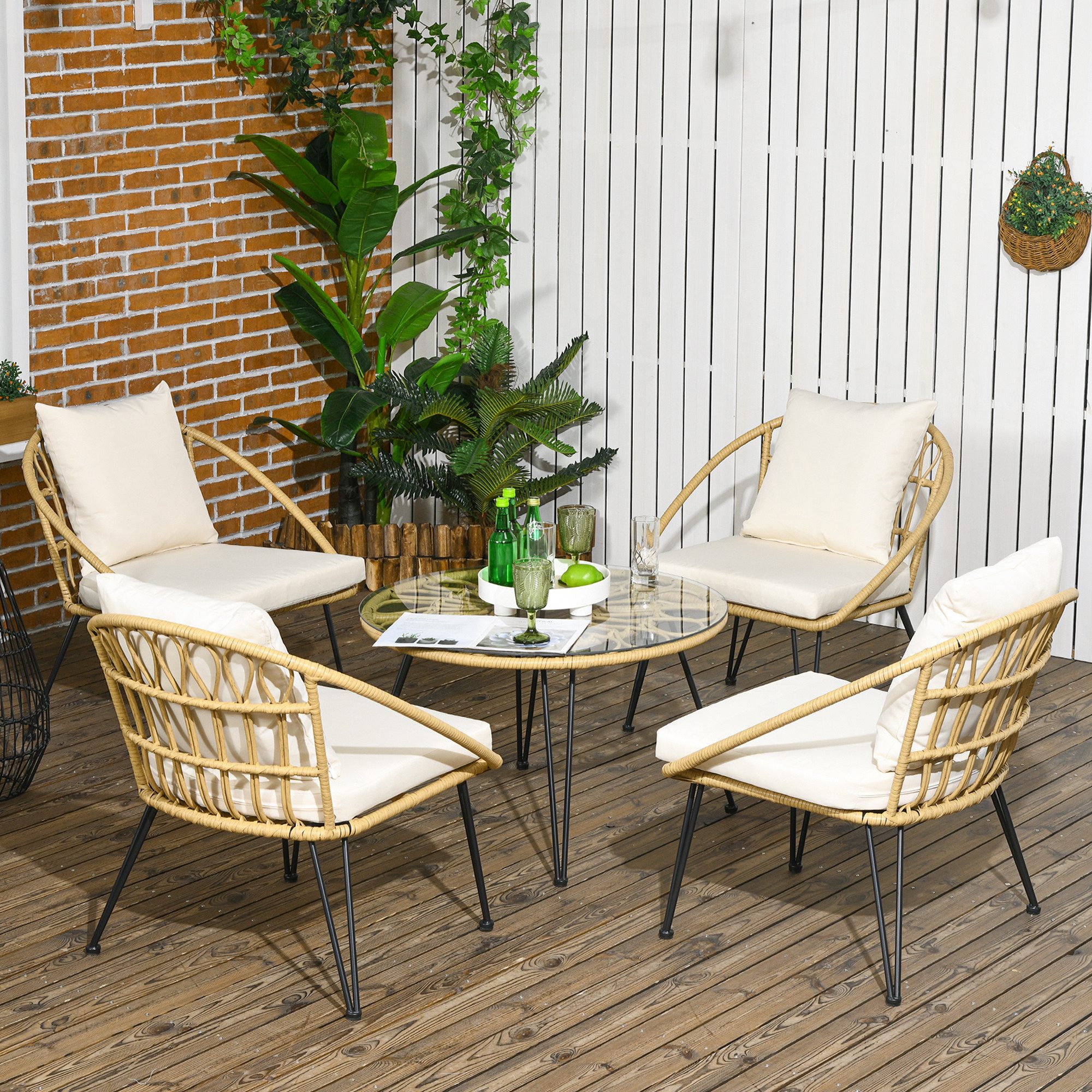 Outsunny Sitzgruppe 5 tlg. Sitzgarnitur inkl. 1 Esstisch, 4 Stühlen, (Gartemöbel-Set, 1-tlg., Gartengarnitur mit Sitzkissen), für Balkon, Terrasse, Beige