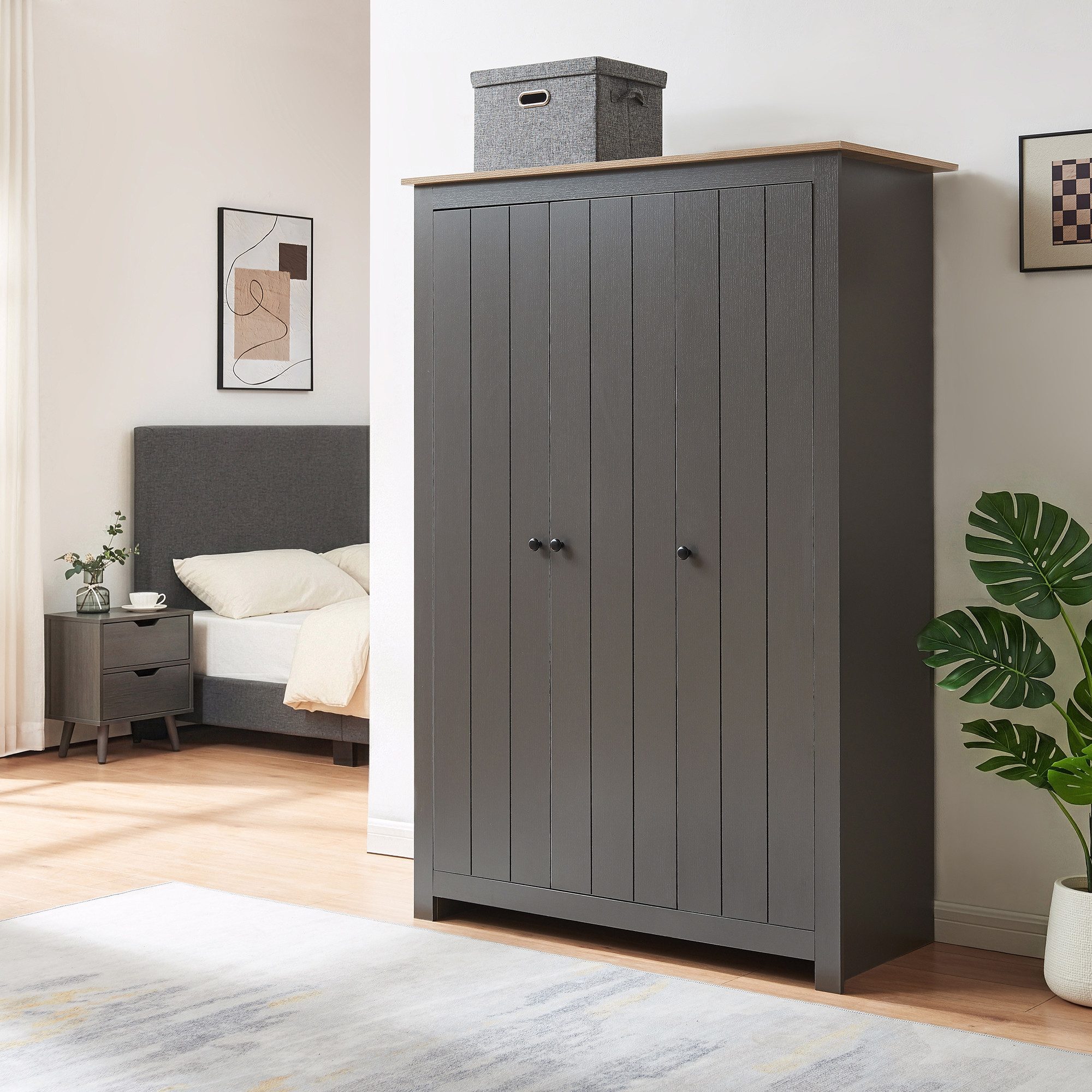 en.casa Kleiderschrank »Vasand« 175x120x52 cm 3 Türen 2 Stangen 3 Fächer Grau/Eicheoptik