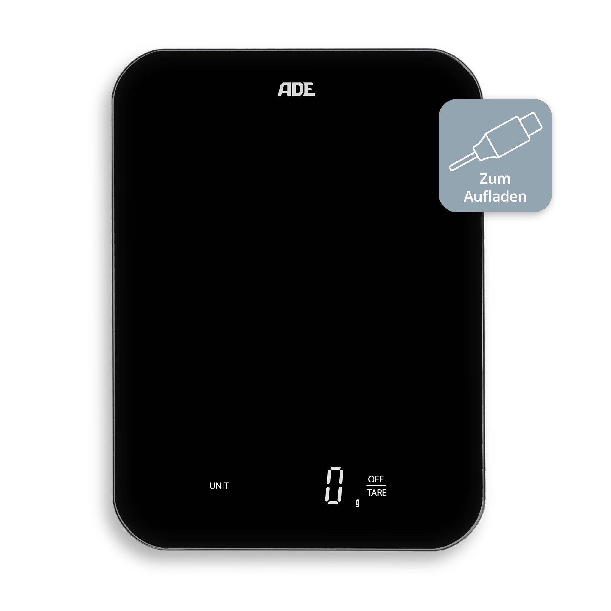 ADE Küchenwaage digital ohne Batterie, mit aufladbarem Akku, bis 15 kg, plastikfreie Verpackung, inkl. USB-C-Kabel