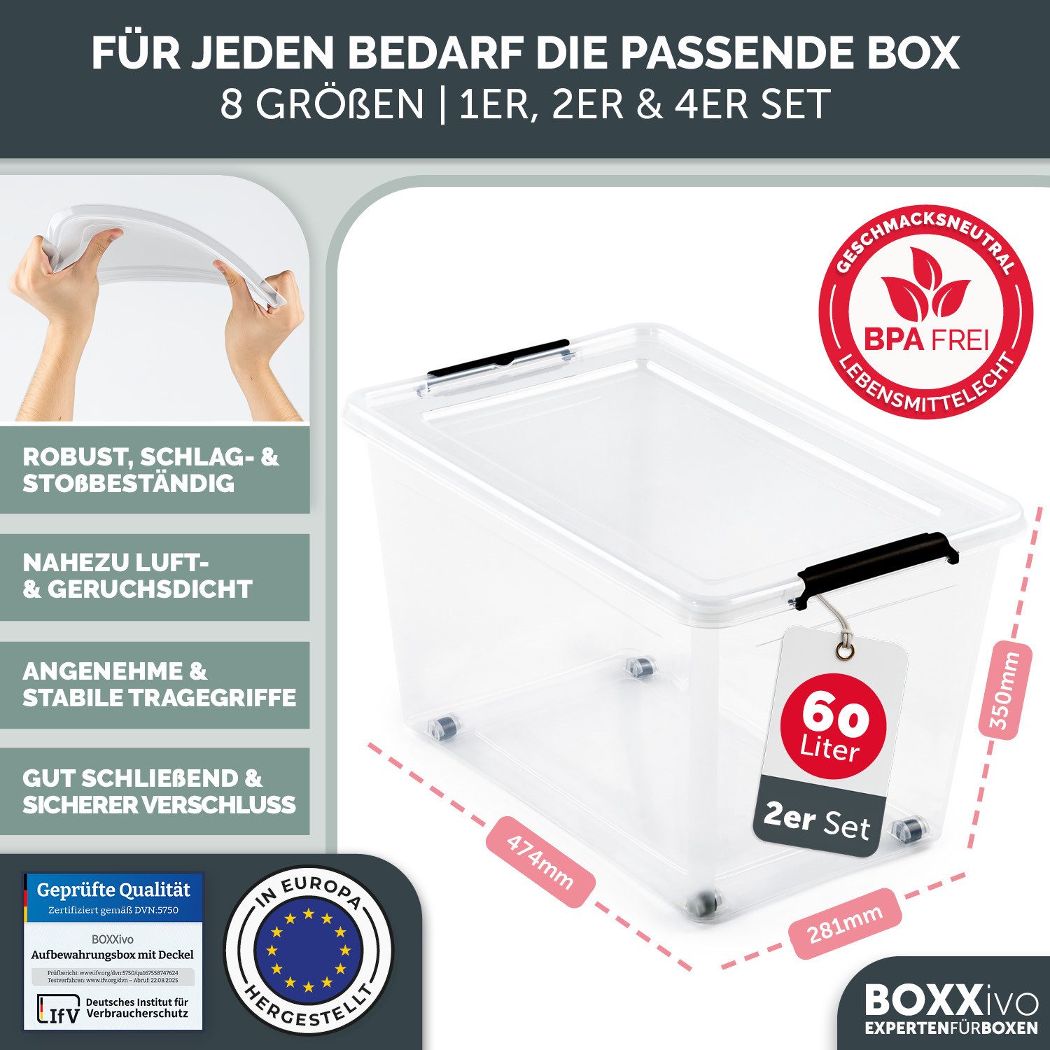 BOXXivo Aufbewahrungsbox Aufbewahrungsboxen mit Deckel BPA-freie & lebensmittelechte Boxen (2 St), Plastikbox mit Deckel - robuste & stapelbare Aufbewahrungsboxen