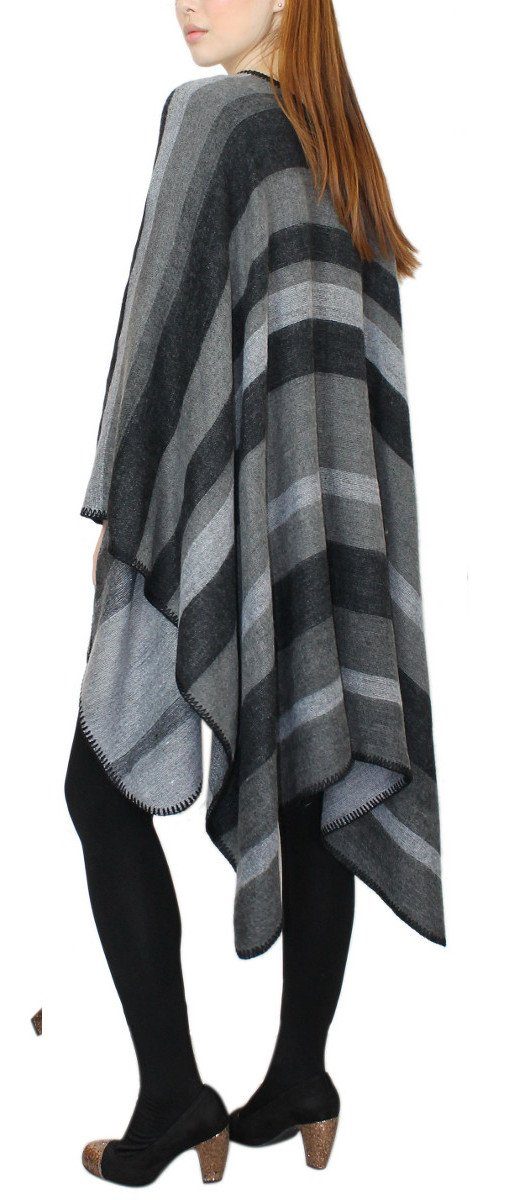 in Wendeponcho Streifen Poncho Stil Muster Gestreift dy_mode Damen Oversize Umhang in Poncho Cape PJ002-DunkelgrauKombi