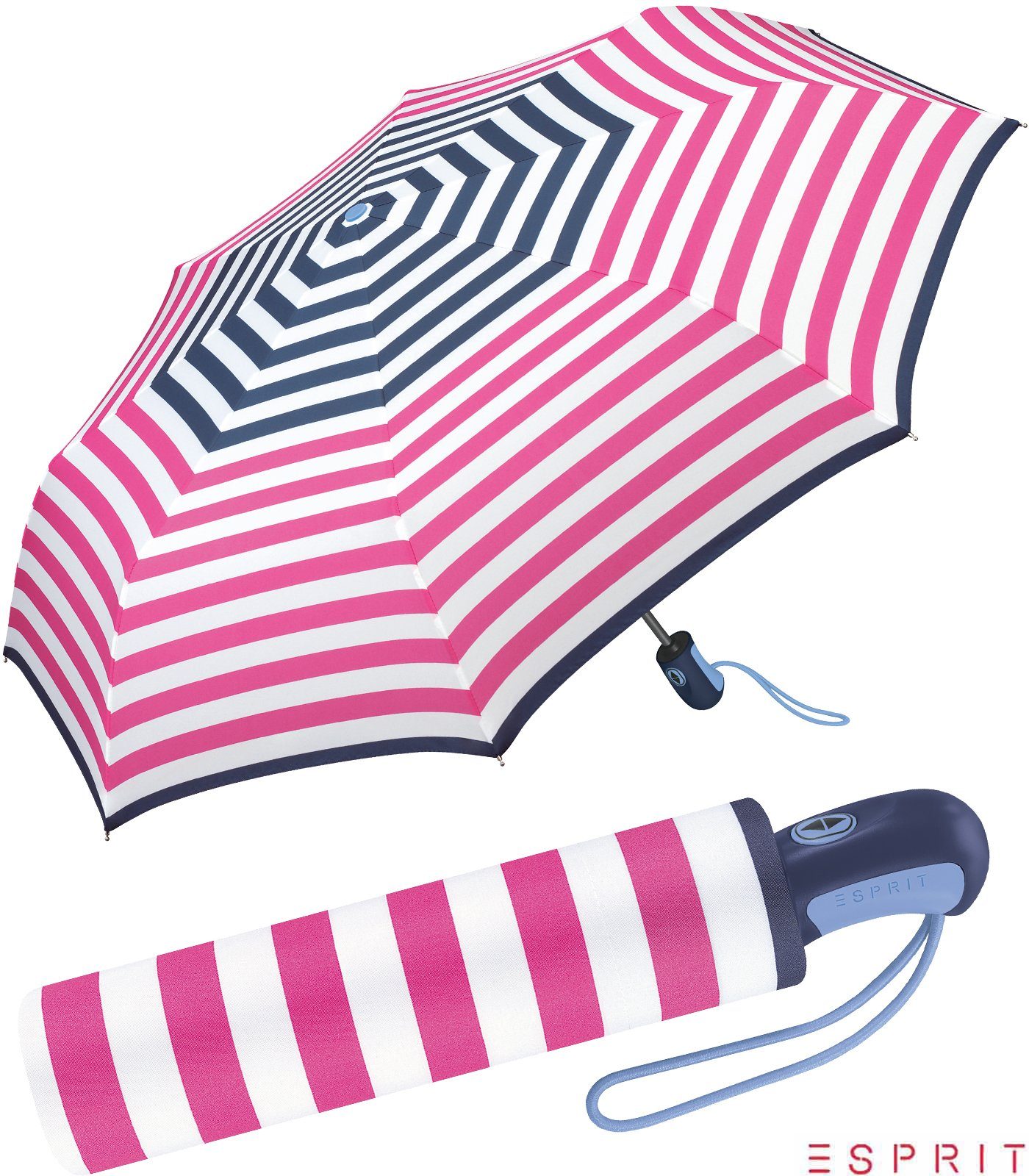 Esprit Taschenregenschirm schöner Schirm für Damen mit Auf-Zu Automatik, mit jugendlichem Streifenmuster - navy-pink