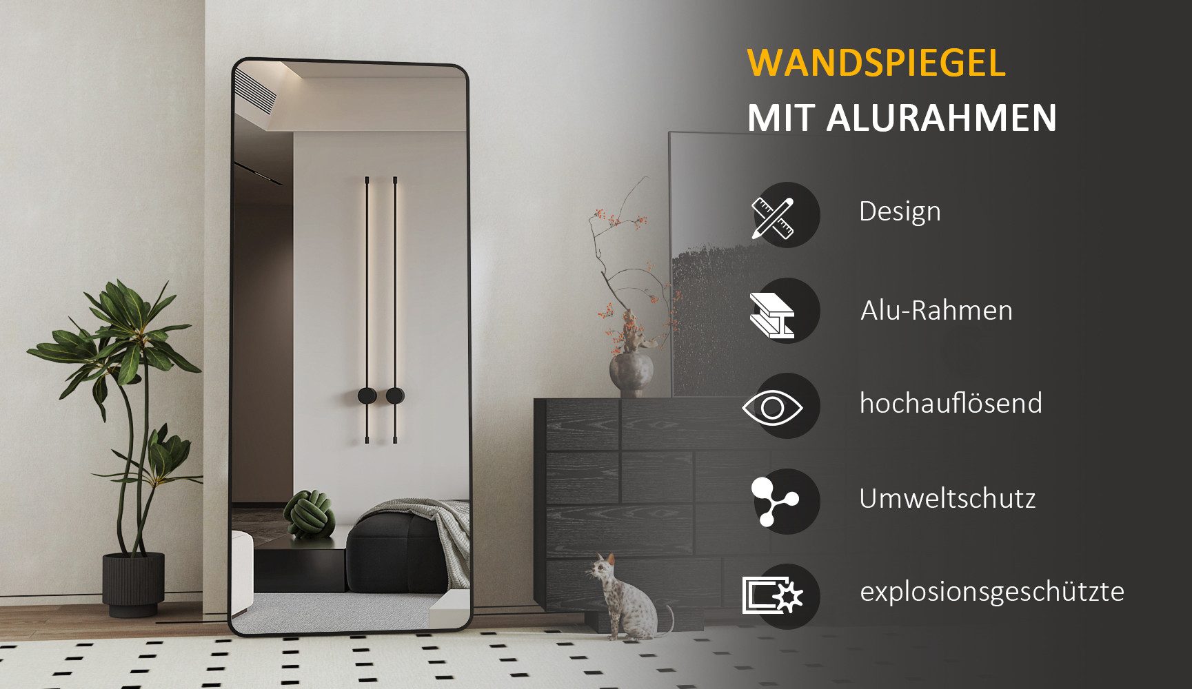 WDWRITTI Ganzkörperspiegel für Friseurladen Hotel Ganzkörperspiegel 180x80cm Spiegel groß Schwarz (Bodenspiegel Flurspiegel Rechteckig, mit Alurahmen), für Wohnzimmer Schlafzimmer Garderobe