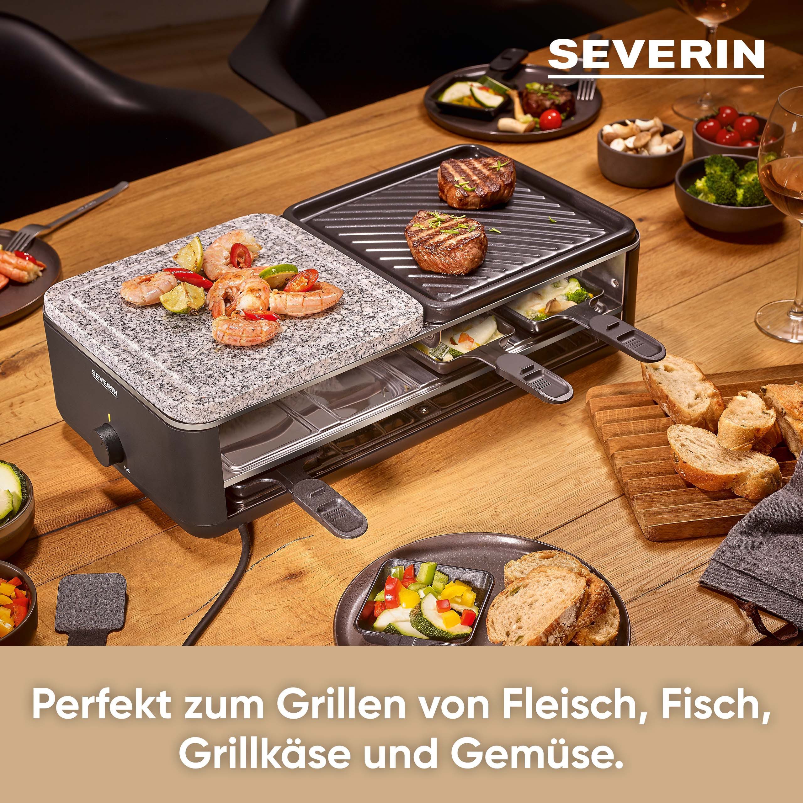 Severin Raclette RG 2366, 8 Raclettepfännchen, 1300 W, für 8 Personen, Naturgrillstein & antihaftbeschichtete Grillplatte