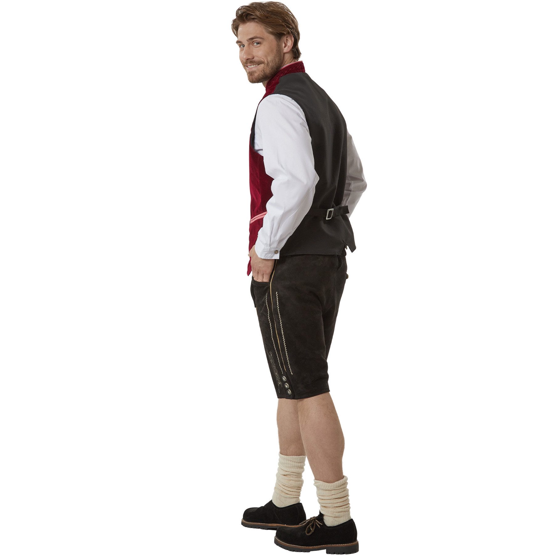dressforfun Anzugweste Trachtenweste, vielseitig mit Lederhose, Hemd oder Jeans (Alpenweste Noah, Konfektionsgröße 54 in rot) Pflegeleichter Samtstoff, Stehkragen mit Karomuster, Kunststoffknöpfe