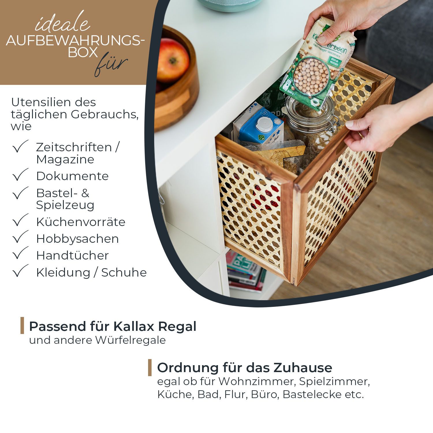 HMF Regalkorb Aufbewahrungskorb geflochten aus Rattan, mit Wiener Geflecht, passend für Kallax Regale 32 x 34 x 32 cm, Muster 2, Natur