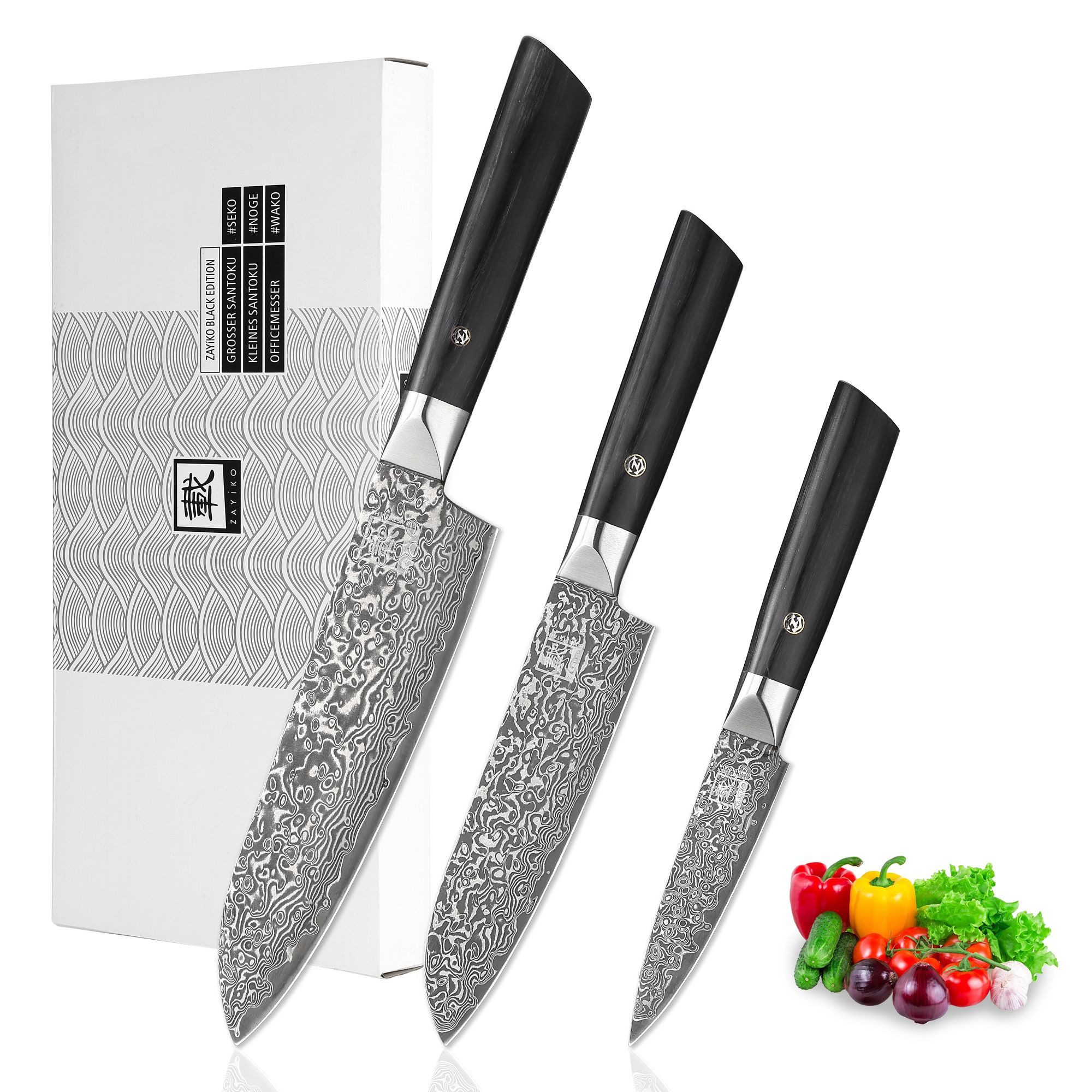ZAYIKO Messer-Set Black Edition I 9 bis18 cm Klingen I dunkler Damast I Pakkaholz (Damastmesser mit Geschenkbox, 3-tlg., 3er Damastmesser-Set), schwarzer Damaststahl, VG10-Kern