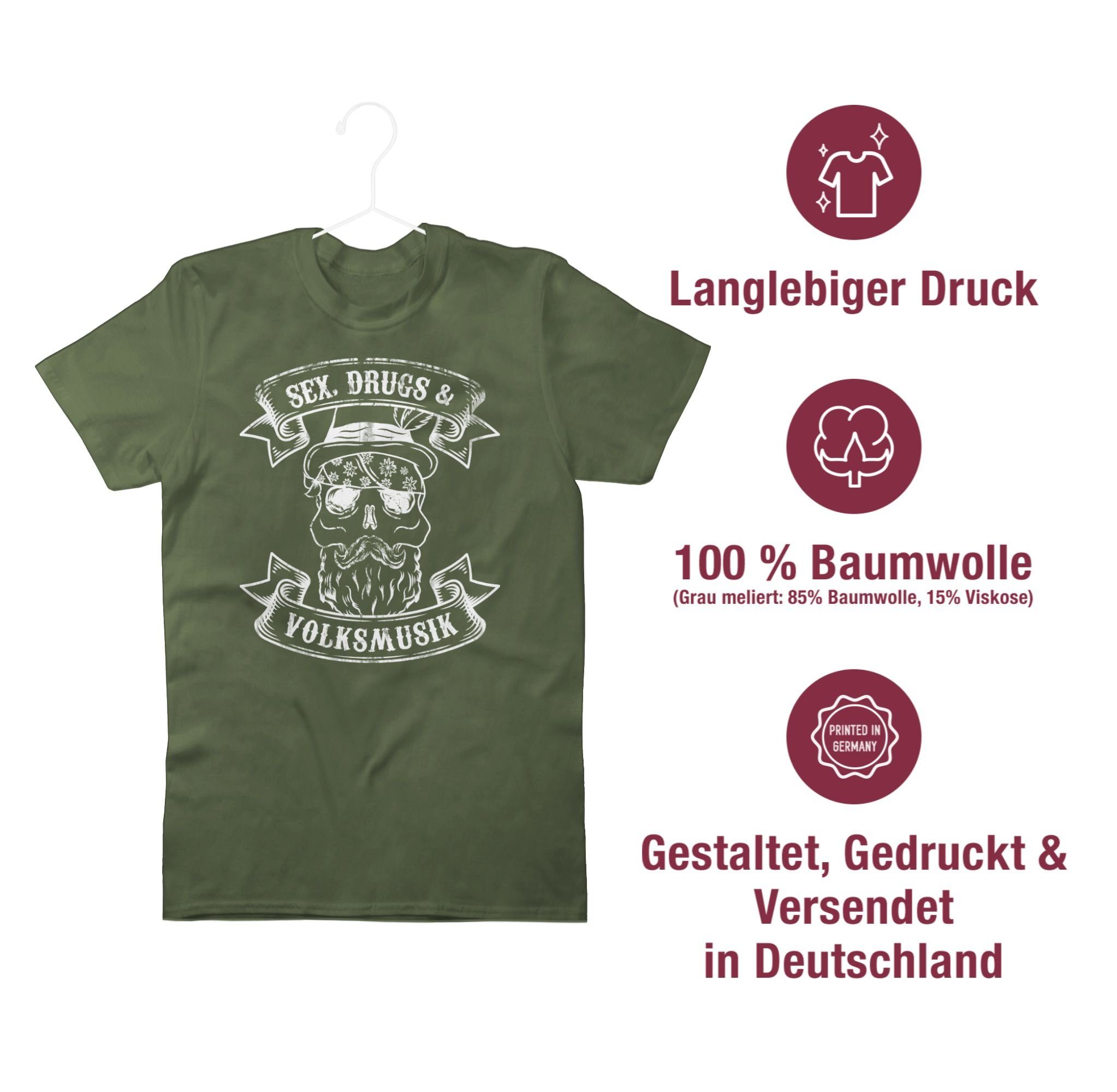 Mode T-Shirt Army Sex Drugs Shirtracer für 3 Herren Totenkopf Grün Oktoberfest Volksmusik