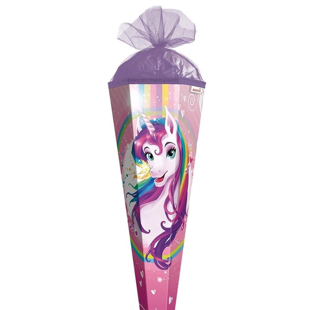 Roth Schultüte Einhornportrait, 100 cm, eckig, mit lilafarbigem Tüllverschluss, Zuckertüte Schulanfang