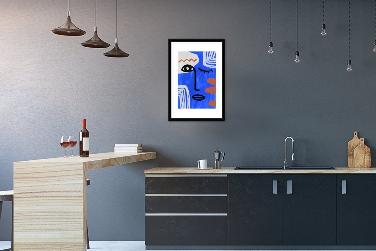 MuchoWow Poster Gesicht - Abstrakt - Blau, (1 St), mit Rahmen, Kunstdruck, Gerahmtes Poster, Schwarzem Bilderrahmen