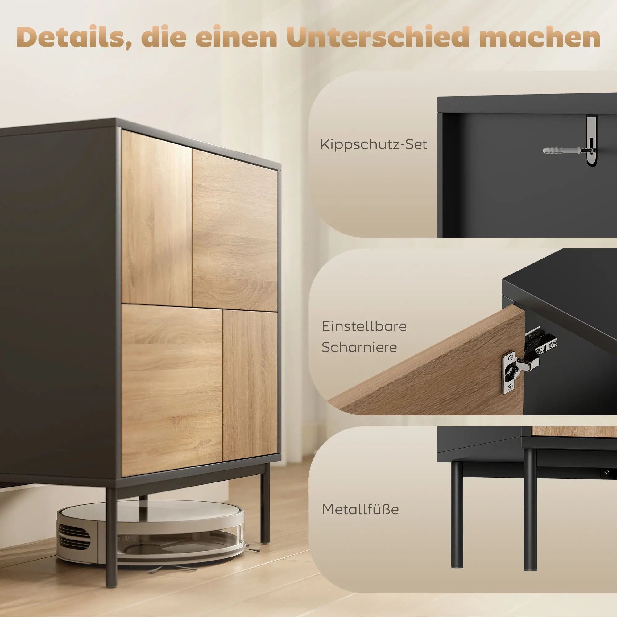 BlingBin Sideboard Kommode mit Push-to-Open-Türen, Moderner Küchenschrank Buffetschrank (1er Set, 1 St., 60cm x 35cm x 78cm), Aufbewahrungsschrank mit Metallbeine für Küche, Esszimmer, Wohnzimmer