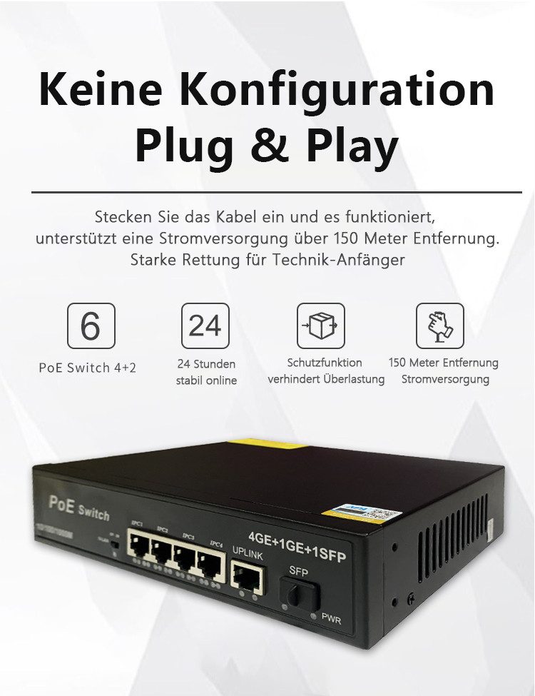 Tekoo Mini PoE Switch 6 Port Gigabit, Lüfterlos, SFP, Watchdog, VLAN Netzwerk-Switch (Watchdog-Funktion, SFP-Port, 250m Reichweite, PoE+ Unterstützung)