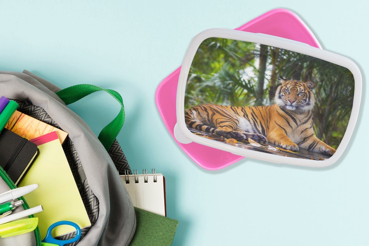 Dschungel, für MuchoWow Kunststoff Erwachsene, Brotbox - Wald Snackbox, - Brotdose Mädchen, Tiere Tiger rosa Kunststoff, Lunchbox - (2-tlg), Kinder,