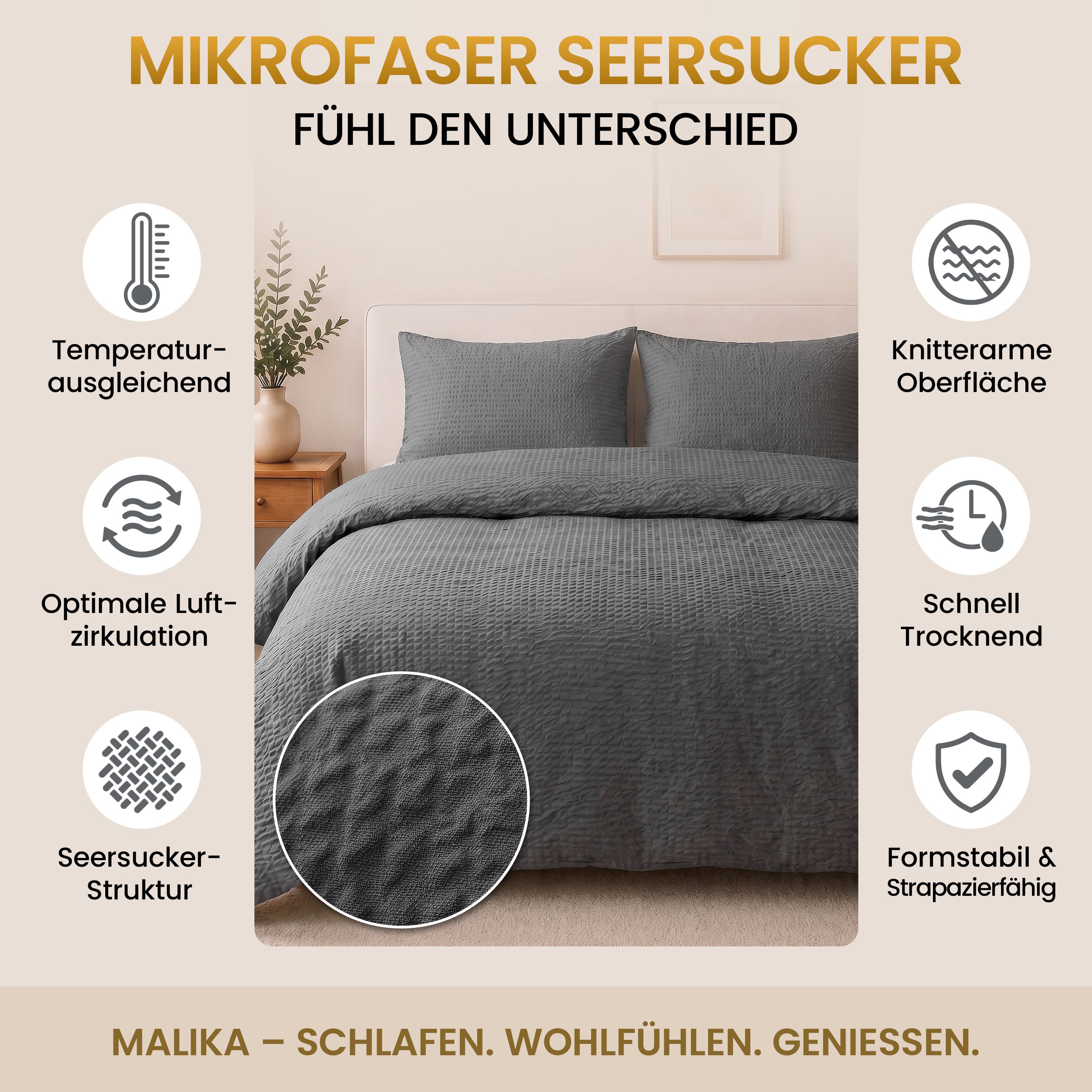 Malika Bettwäsche aus 100 % Mikrofaser, 135x200 + 80x80 cm, Seersucker, Anthrazit, Seersucker, 2 teilig, Für Allergiker geeignet, pflegeleicht, angenehm weicher Stoff