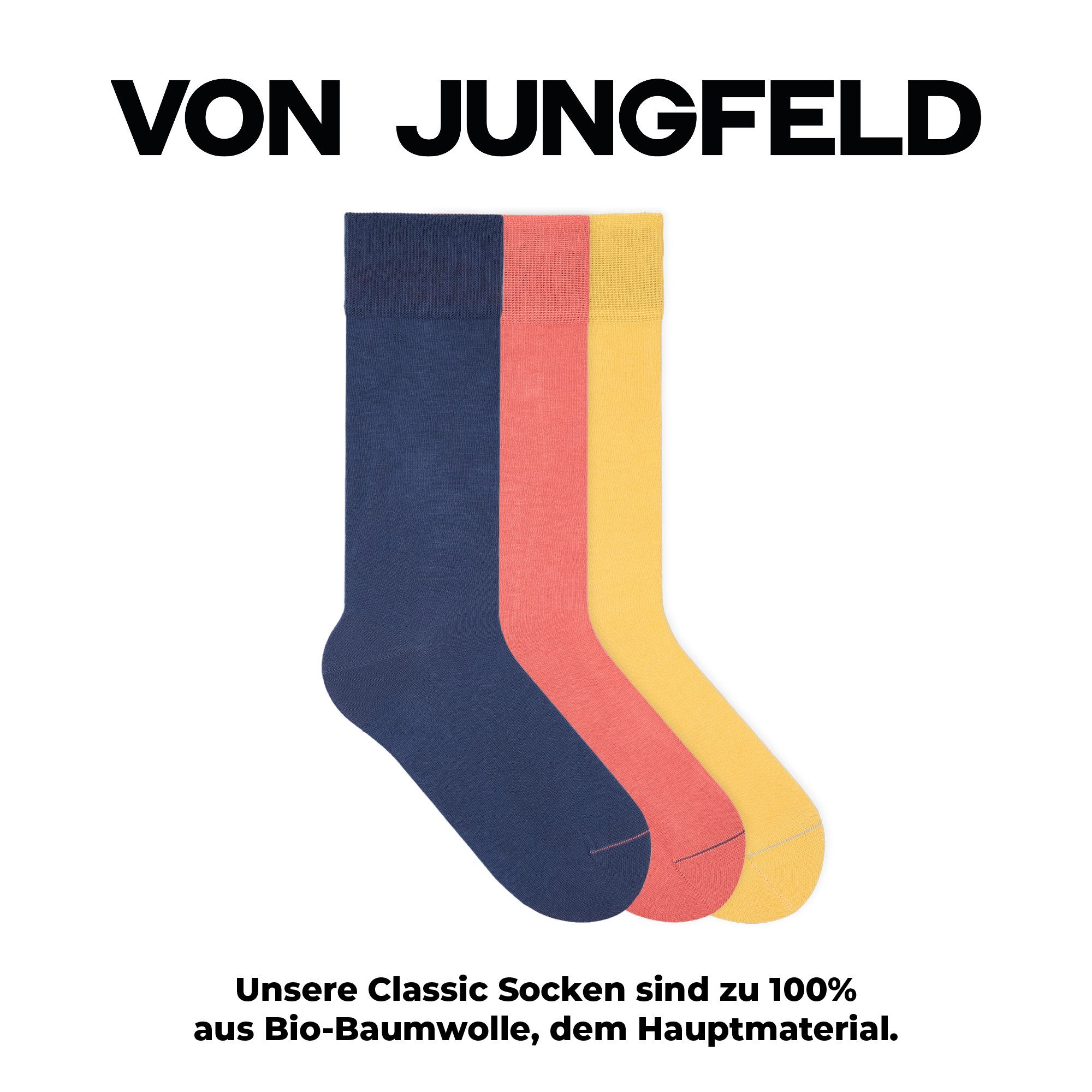 von Jungfeld Socken SIGNATURE SET Bio-Baumwolle 35-46 Unisex (3-Paar, 3 Paar) Lange Anzugsocken, Bunte Businesssocken aus Bio-Baumwolle