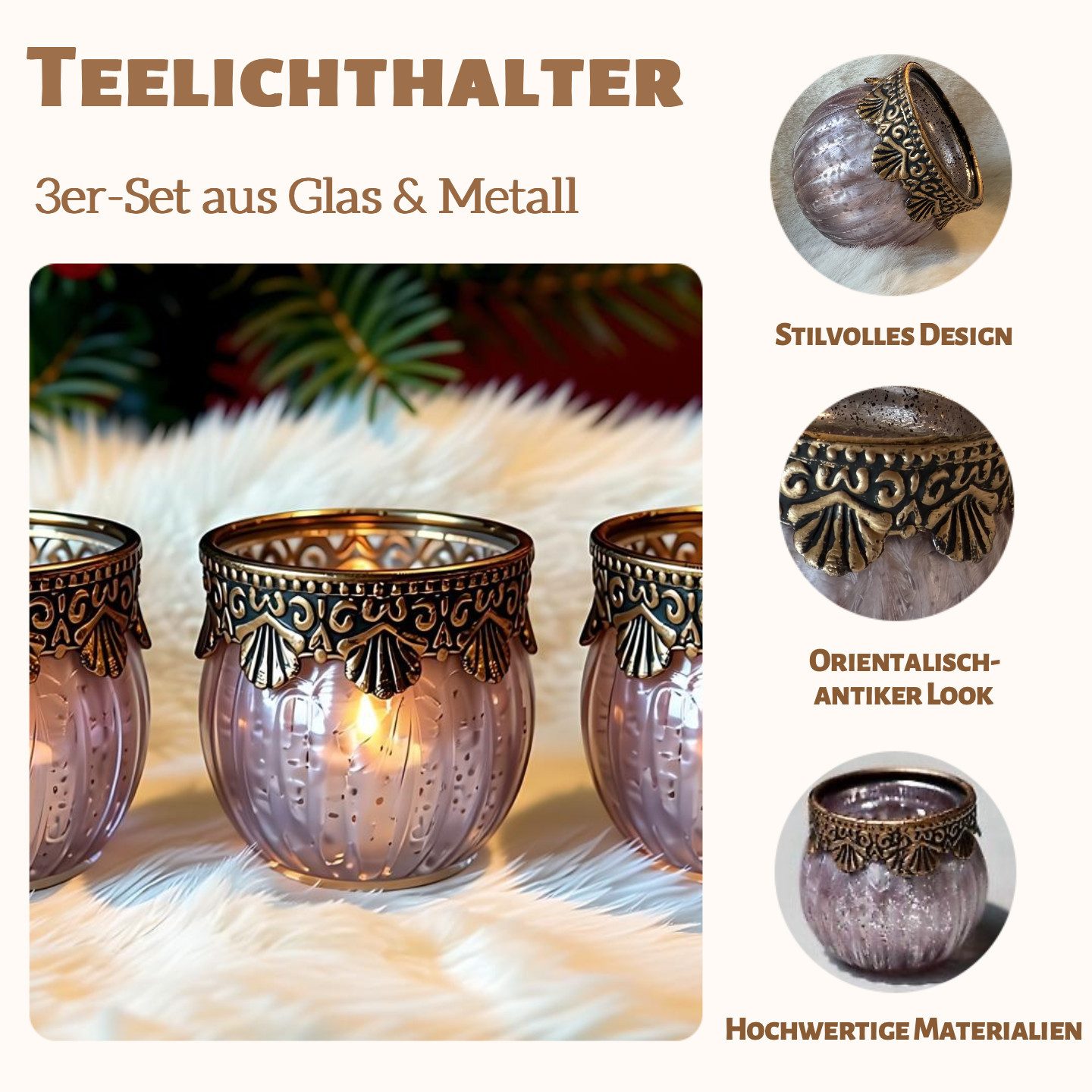 Super Solu Teelichthalter Kerzenhalter Windlicht Orientalisch Vintage /Glas für Deko & Kerzen (Set, 3 St., 3er), Hell-Lila, aus Metall und Glas,6,6 × 6,6 × 5,5 cm