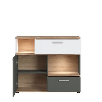 Lomadox Jugendzimmer-Set TOMAR-129, (Sparset, 2-tlg), mit 90x200cm Bett, Sideboard mit Beleuchtung, Eiche mit weiß und grau