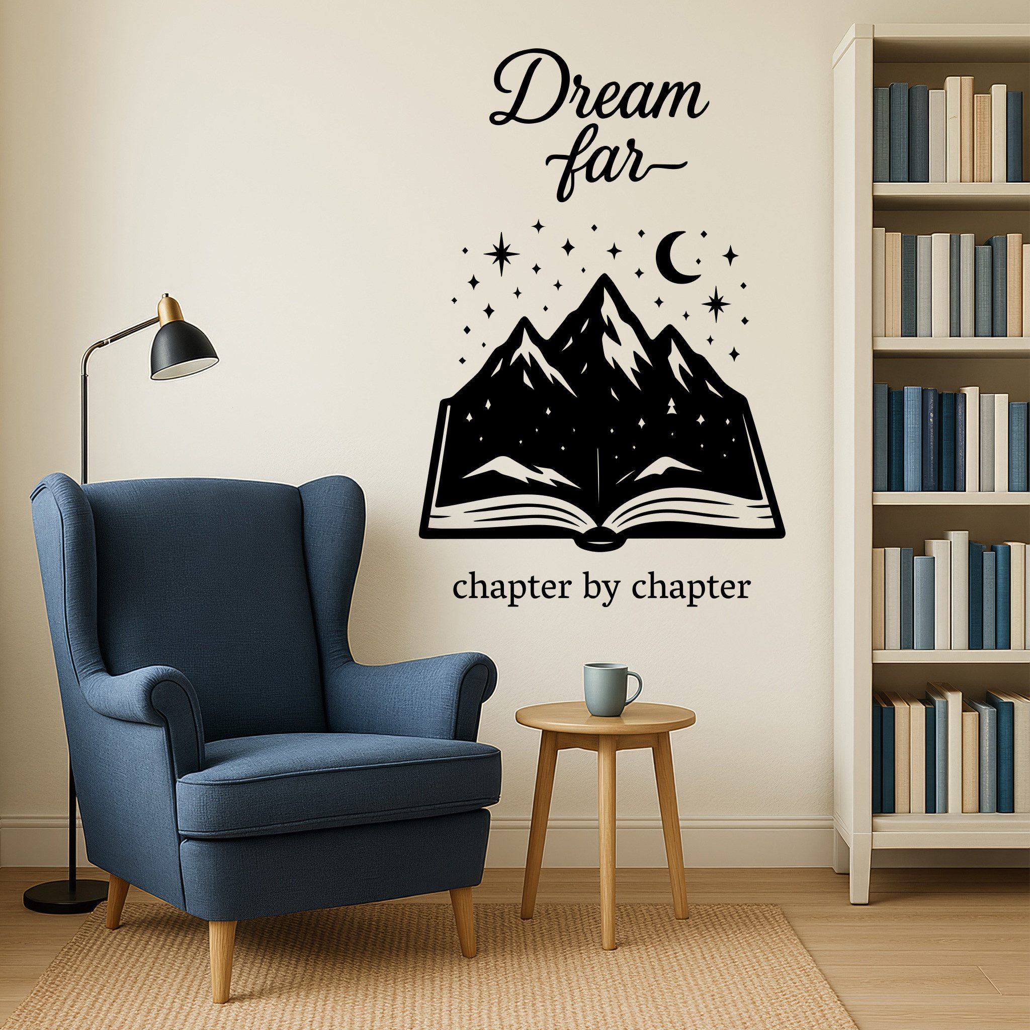 Sunnywall Wandspruch Bookish Spruch „Dream far – chapter by chapter“ Berge Buch (Bookish), selbstklebend, konturgeschnitten, rückstandslos entfernbar