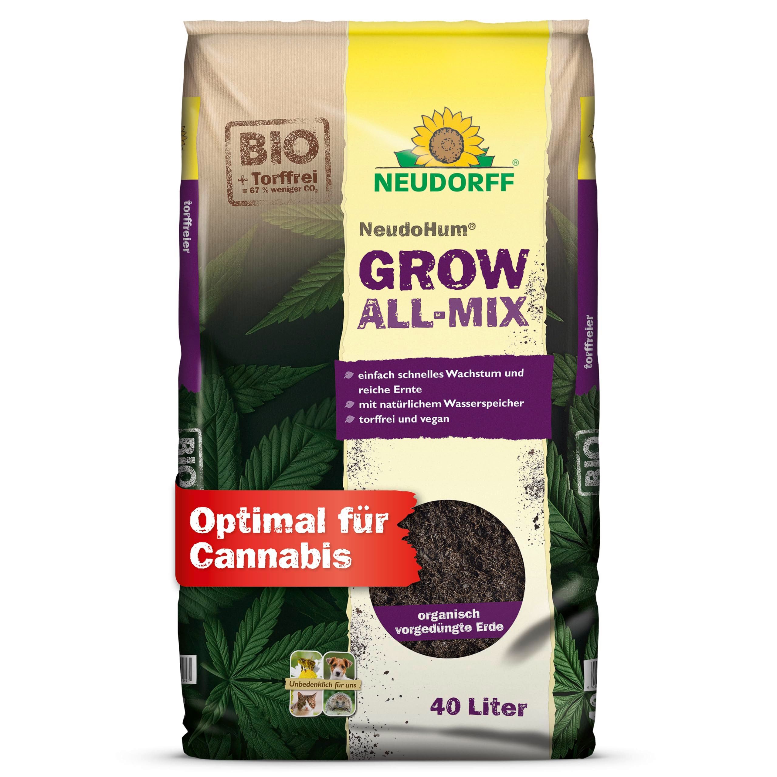 Neudorff Bio-Erde NeudoHum Grow Erde All-Mix 40 Liter, (Torffreie Cannabis Erde für Cannabis Pflanzen Indoor- & Outdooranbau, für schnelles Wachstum und eine reiche, gehaltvolle Ernte), dank organischer Aufdüngung mit Naturdünger für 6 Wochen vorgedüngt