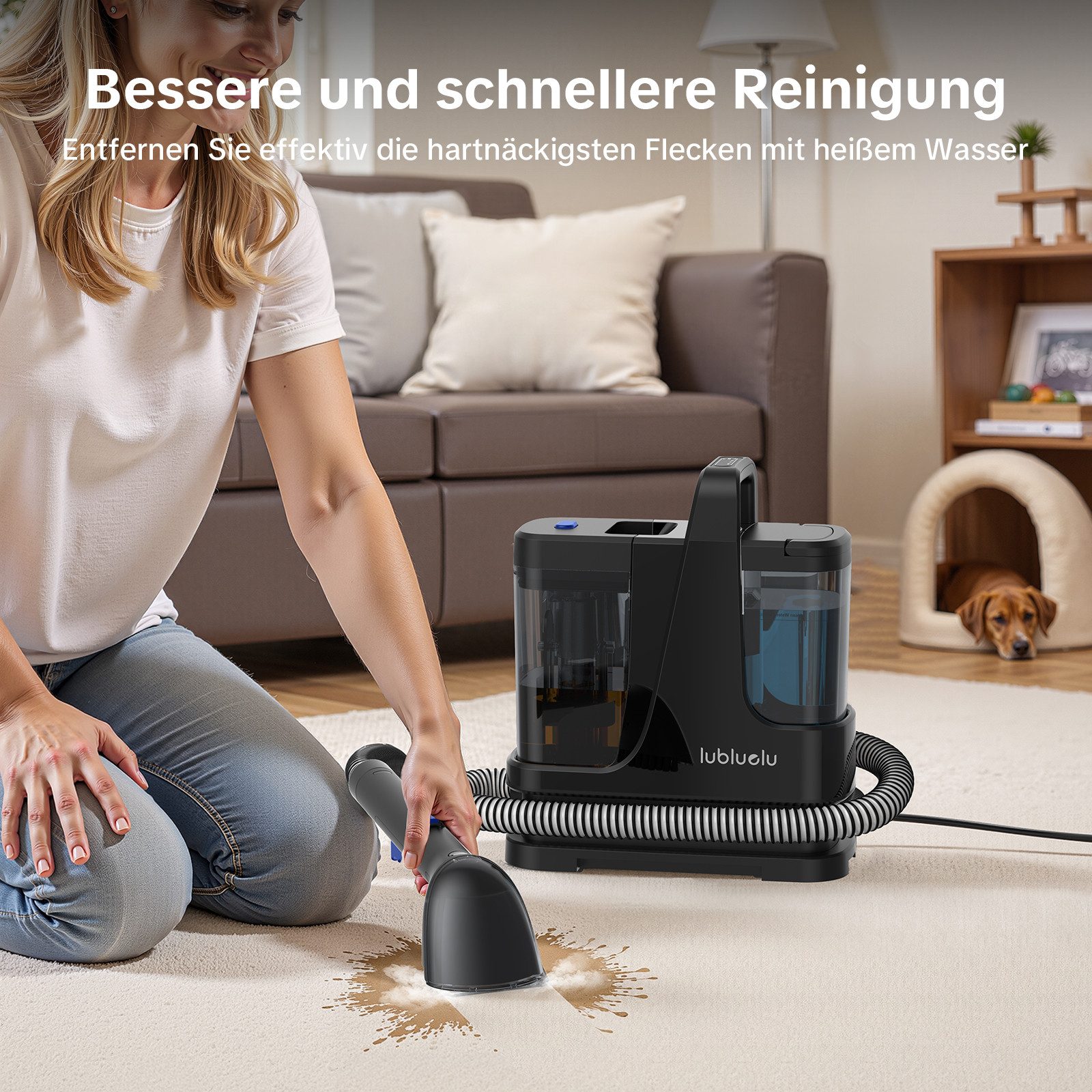 lubluelu Teppichreinigungsgerät V9 mit Dampffunktion Teppichreiniger Polsterreiniger 13.000PA 3-in-1, 1250 W, beutellos, 100°C Dampf, 60°C Heißwasser, Kaltwasser-Funktion, Selbstreinigung