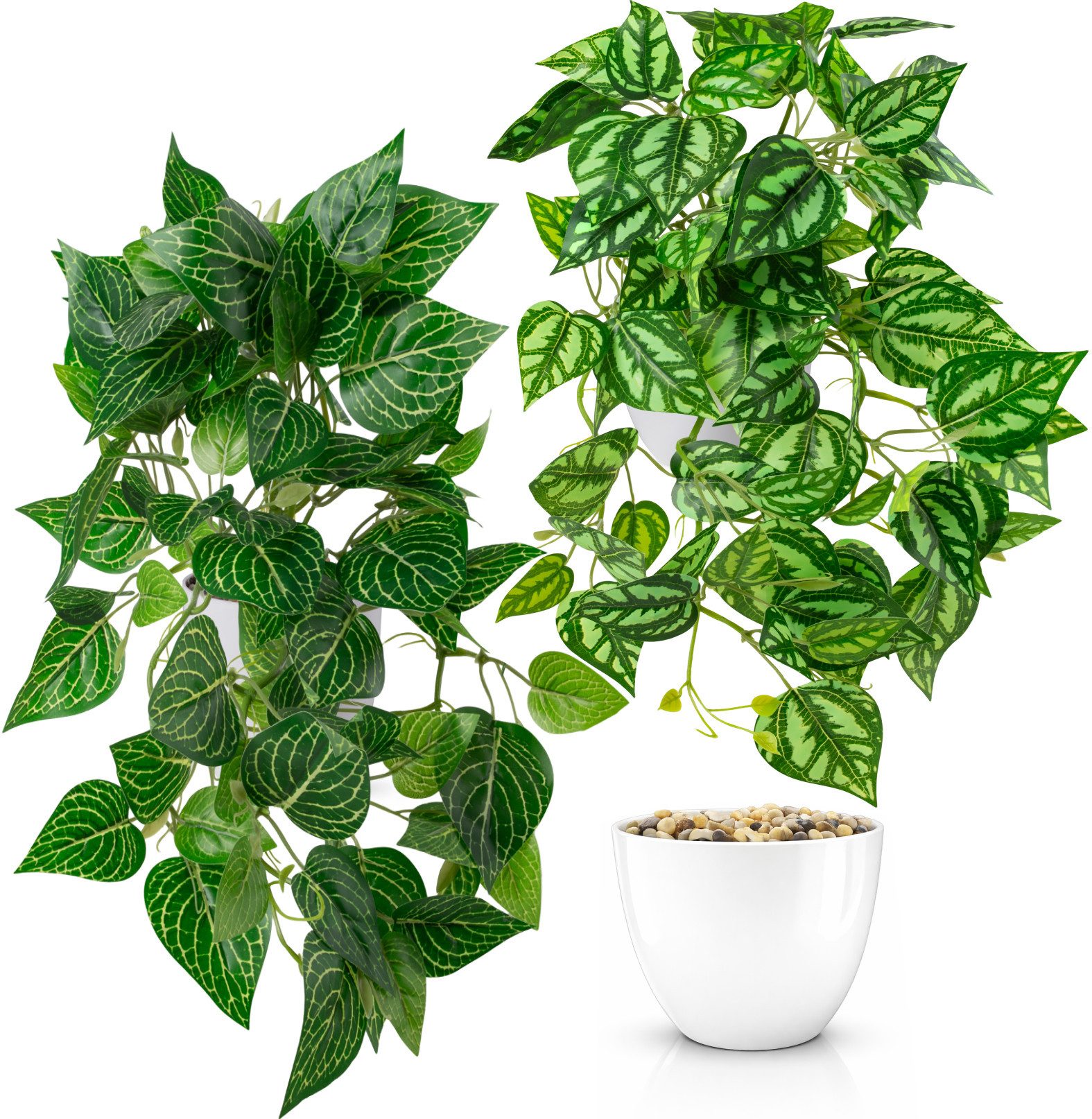 Kunstpflanze Künstliche Hängepflanzen im bruchfesten Topf, Hängepflanze künstlich Efeu, Monstera, Philodendron, Calathea, Pfeilblatt, Mosaik- & Zebrapflanze, PASCH, Bruchfester weißer Kunststofftopf
