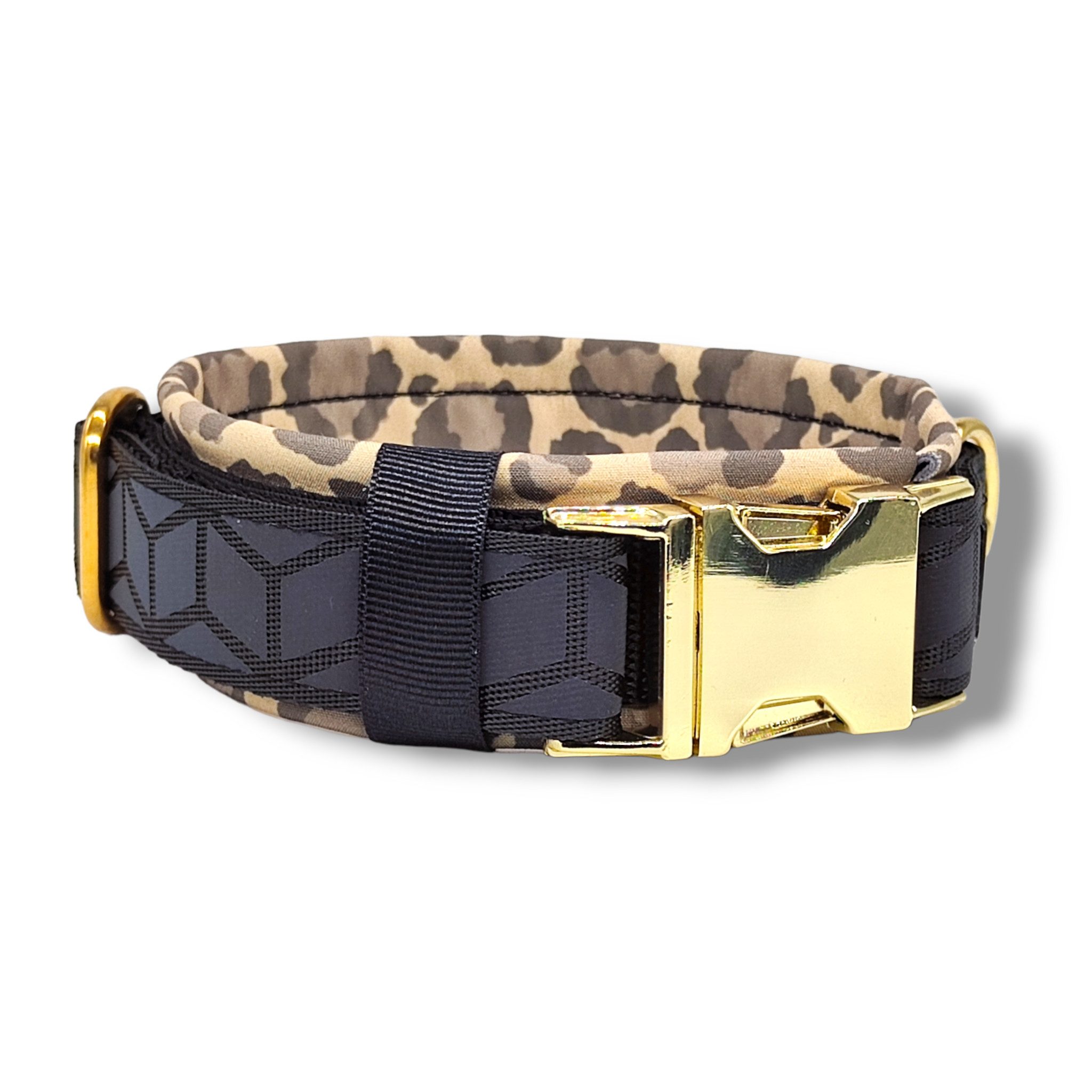 D by E Couture Hunde-Halsband "Golden Leopard III", reflektierend, gepolstert, verstellbar, 50mm breit, Handmade