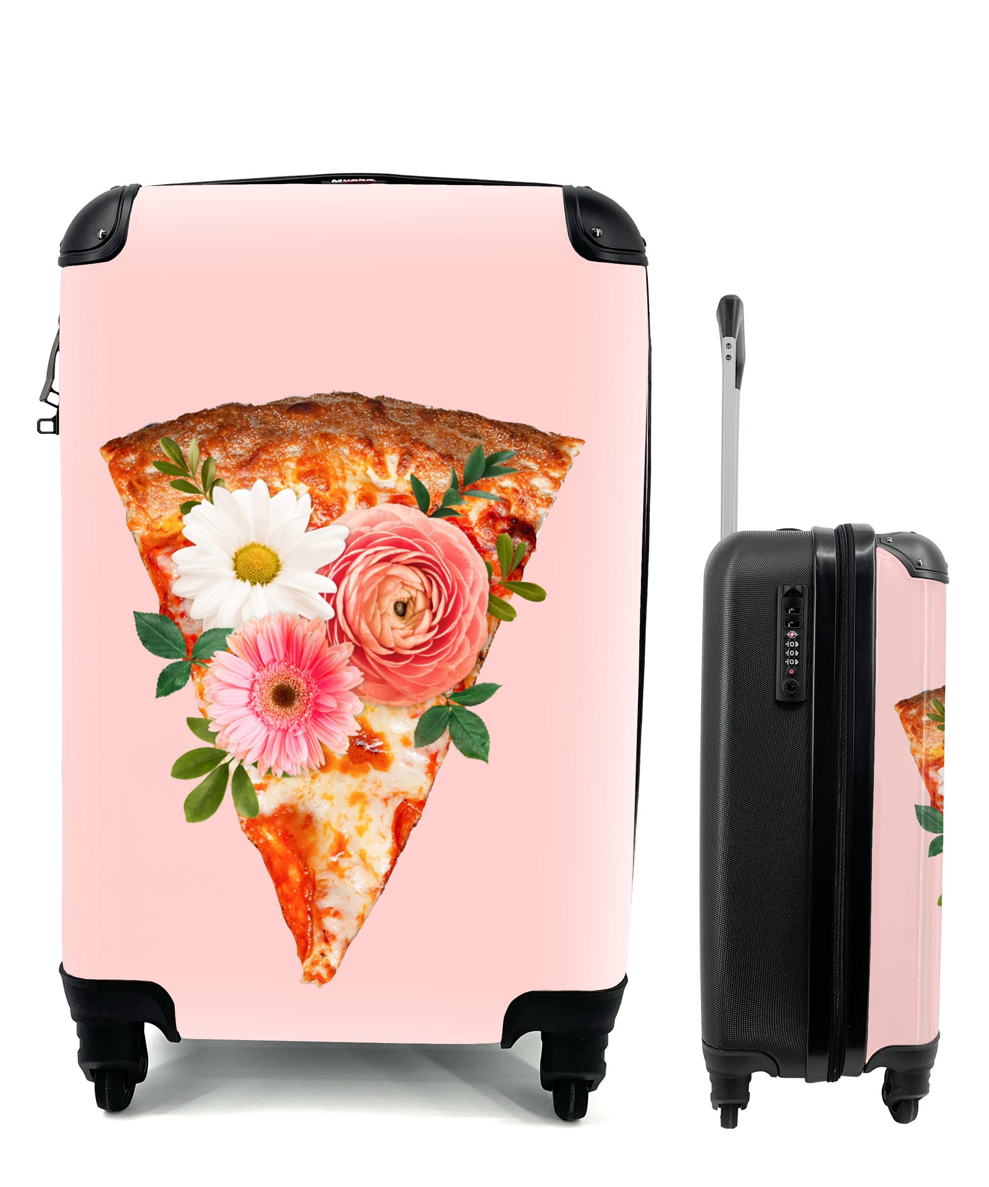 MuchoWow Handgepäckkoffer Pizza - Blumen - Stilleben, 4 Rollen, Reisetasche mit rollen, Handgepäck für Ferien, Trolley, Reisekoffer