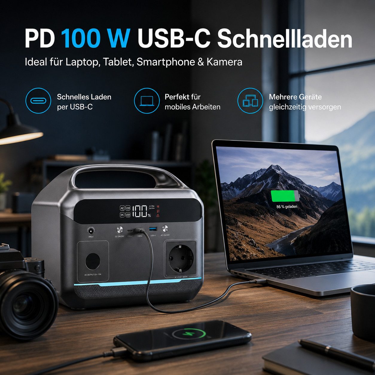 Goldstern-Tech Powerstation 288Wh Powerstation, 600W Ausgangsleistung, USB-C & Solarladung (12V - 28V V), Tragbare Powerstation 288Wh Akku, USB-C, Solarladung,  – Bild 3 von 5