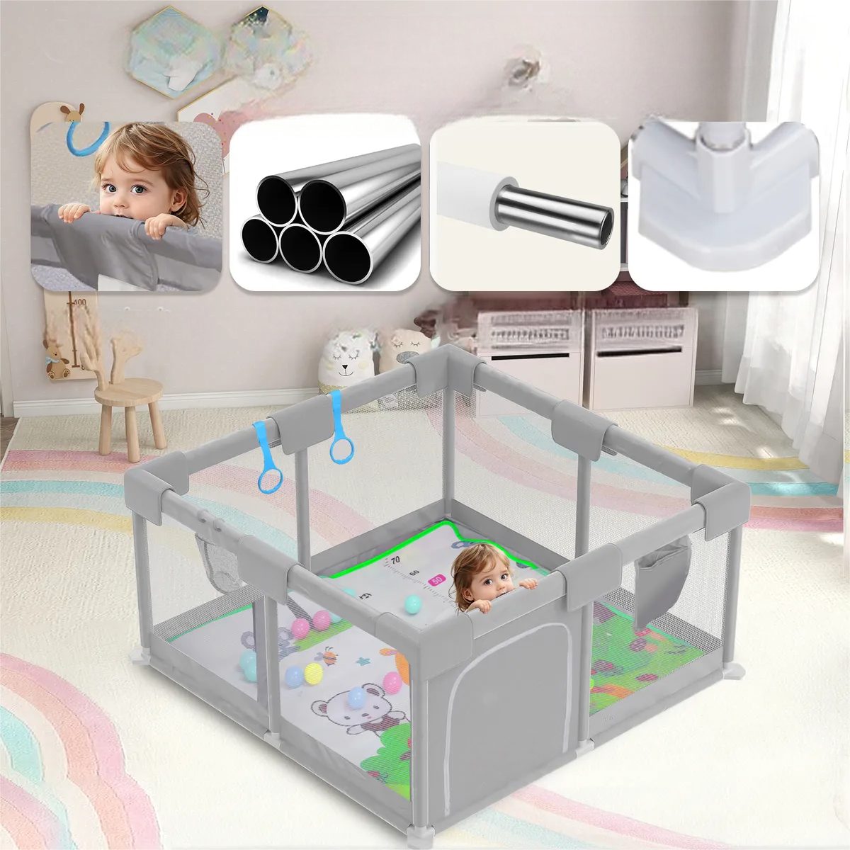 FIVMEN Laufstall Absperrgitter Aktivitätsbereich 120x120x65cm, Tragbarer Kinderzaun Netz Sicherheitsspielplatz für Kinder