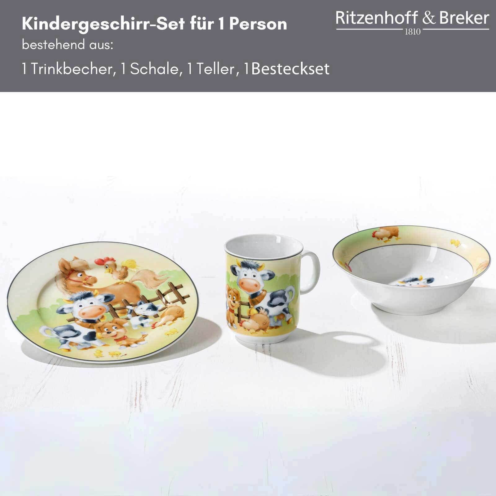 Ritzenhoff & Breker Kindergeschirr-Set Hoftiere Kindergeschirr mit Besteck (7-tlg), Porzellan
