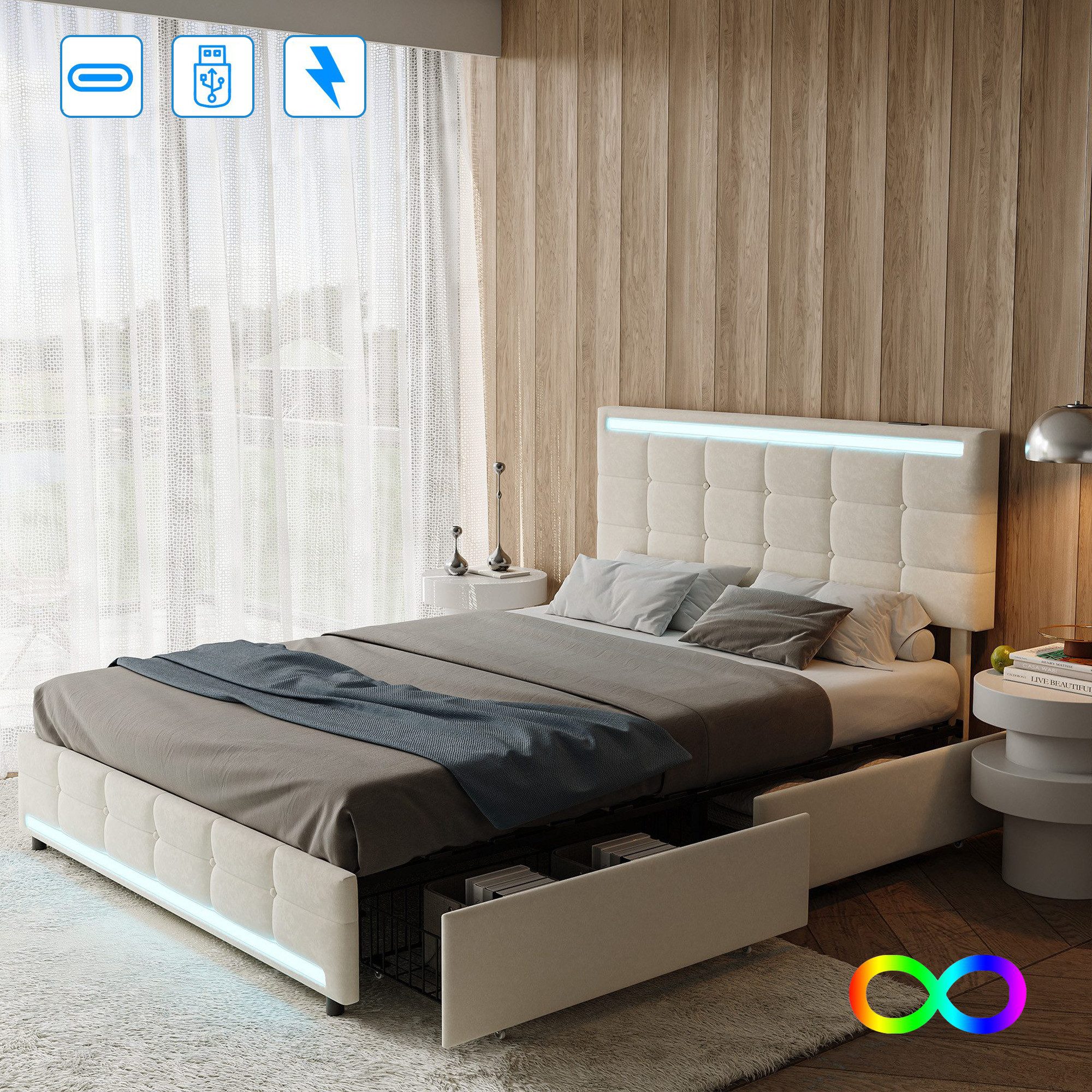Gdood Polsterbett Stauraumbett Doppelbett Mit LED günstig online kaufen