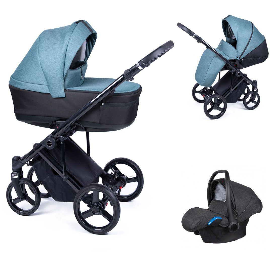 babies-on-wheels Kombi-Kinderwagen 3 in 1 Kinderwagen-Set Fado - 15 Teile - in 24 Designs Türkis = Gestell schwarz